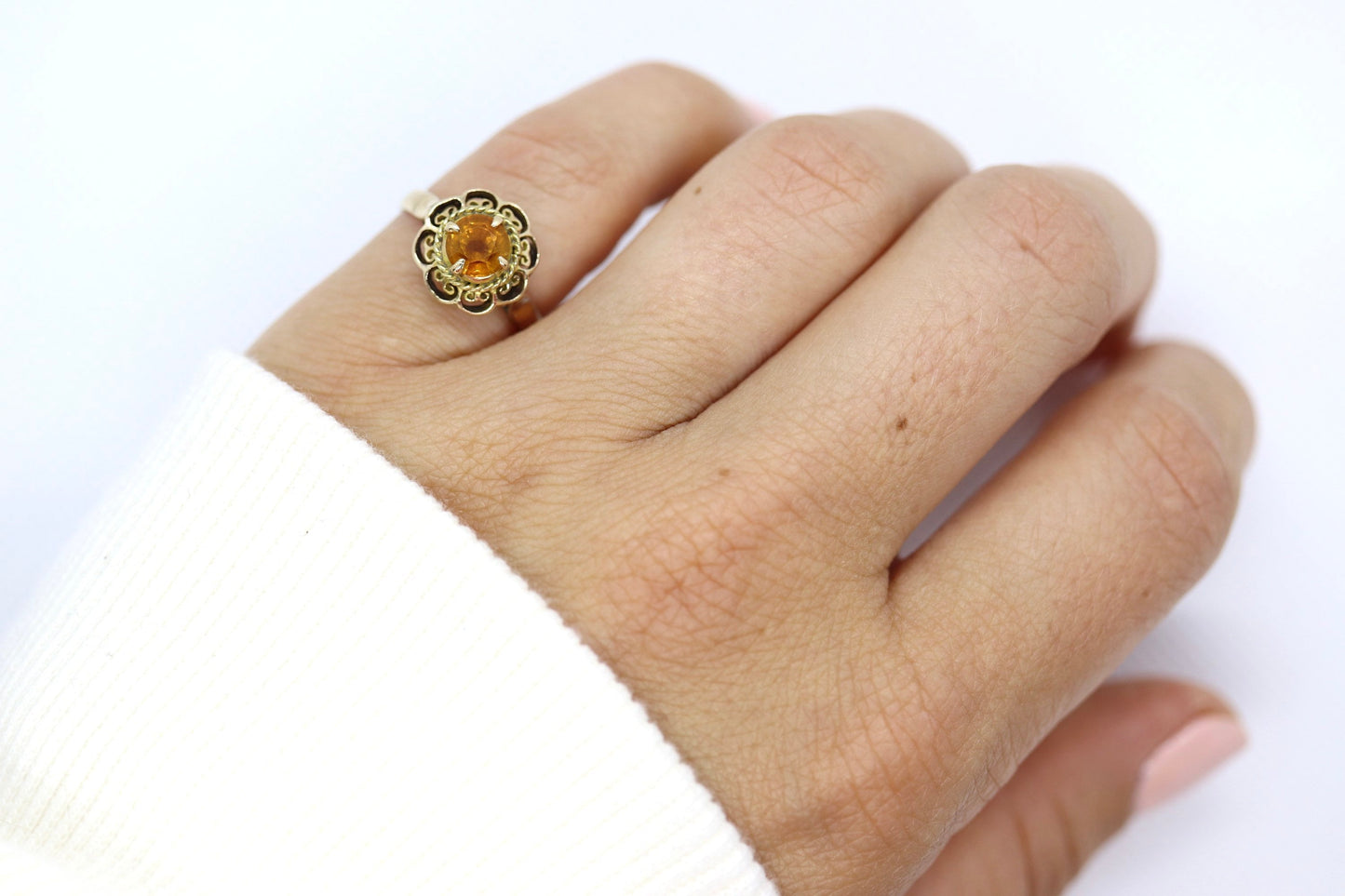 Antique Citrine Flower ring. Hand made 10k yellow gold flower Filigree ring