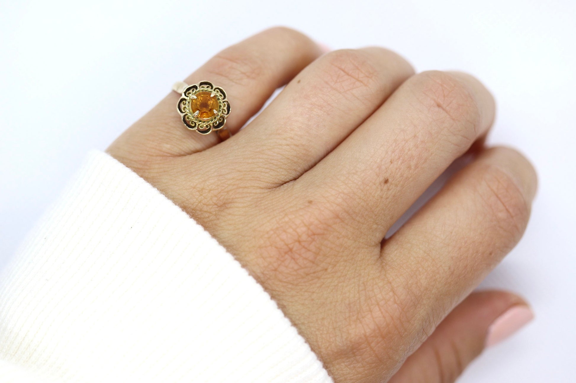 Antique Citrine Flower ring. Hand made 10k yellow gold flower Filigree ring