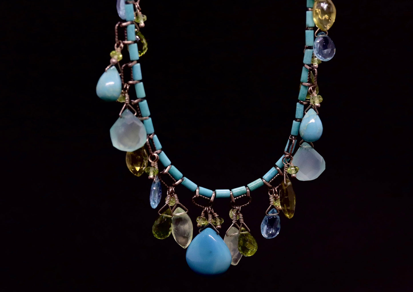 Laura Gibson Necklace. Gibson Sterling Silver Turquoise Dangling Candy multi-gem necklace (274)