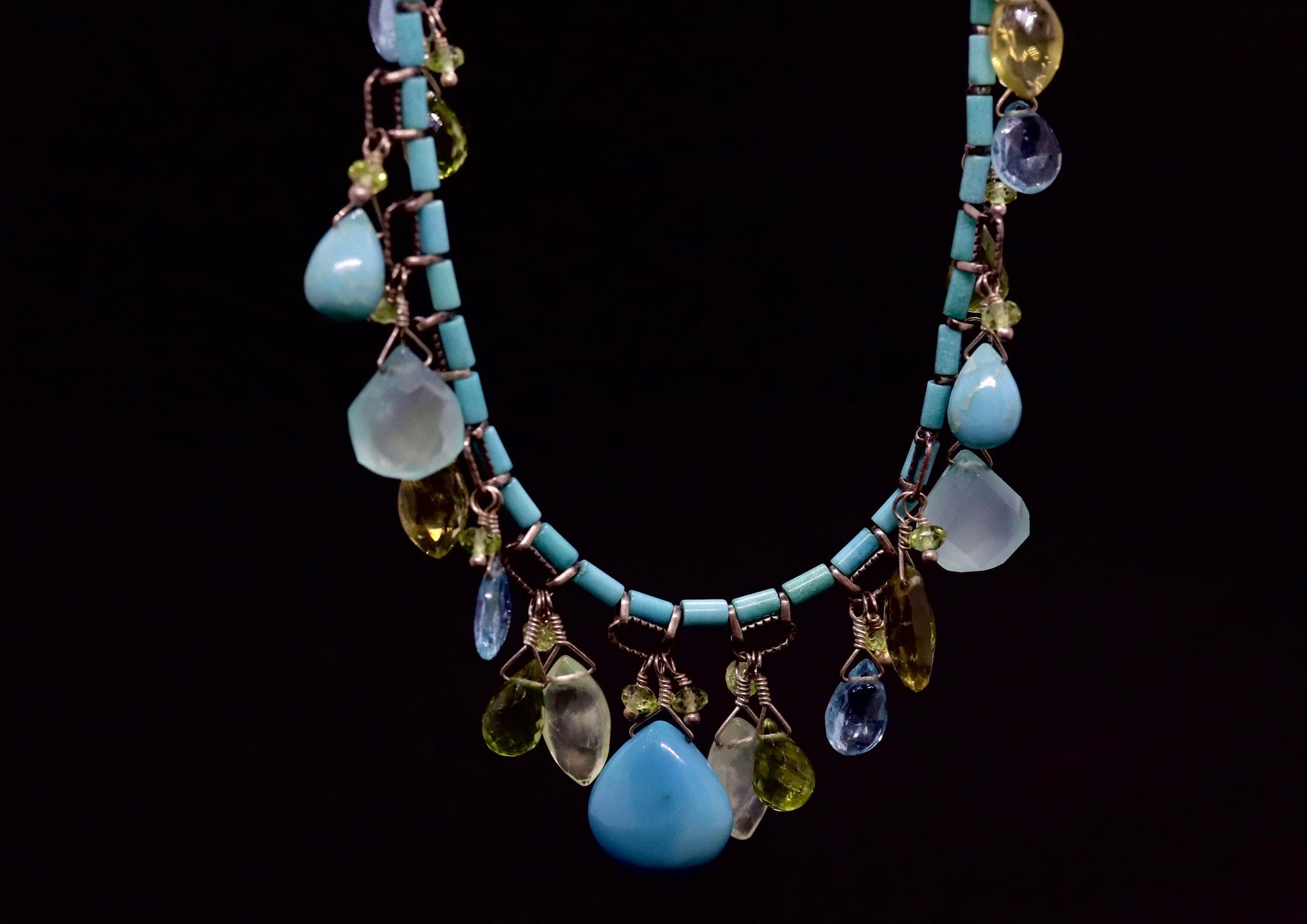 Laura Gibson Necklace. Gibson Sterling Silver Turquoise Dangling Candy multi-gem necklace (274)