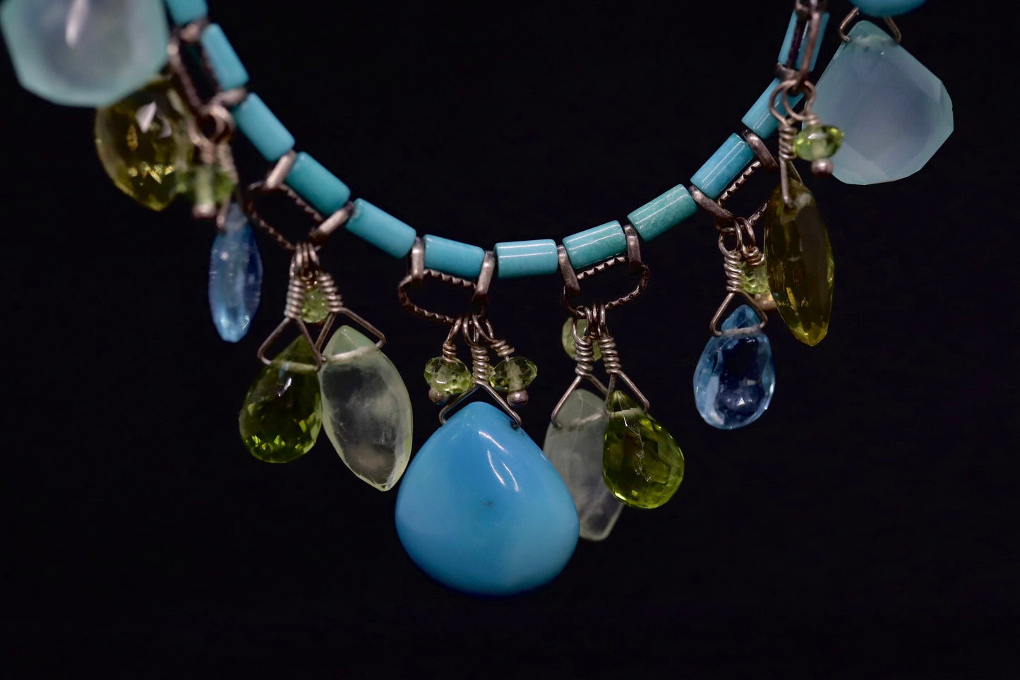 Laura Gibson Necklace. Gibson Sterling Silver Turquoise Dangling Candy multi-gem necklace (274)