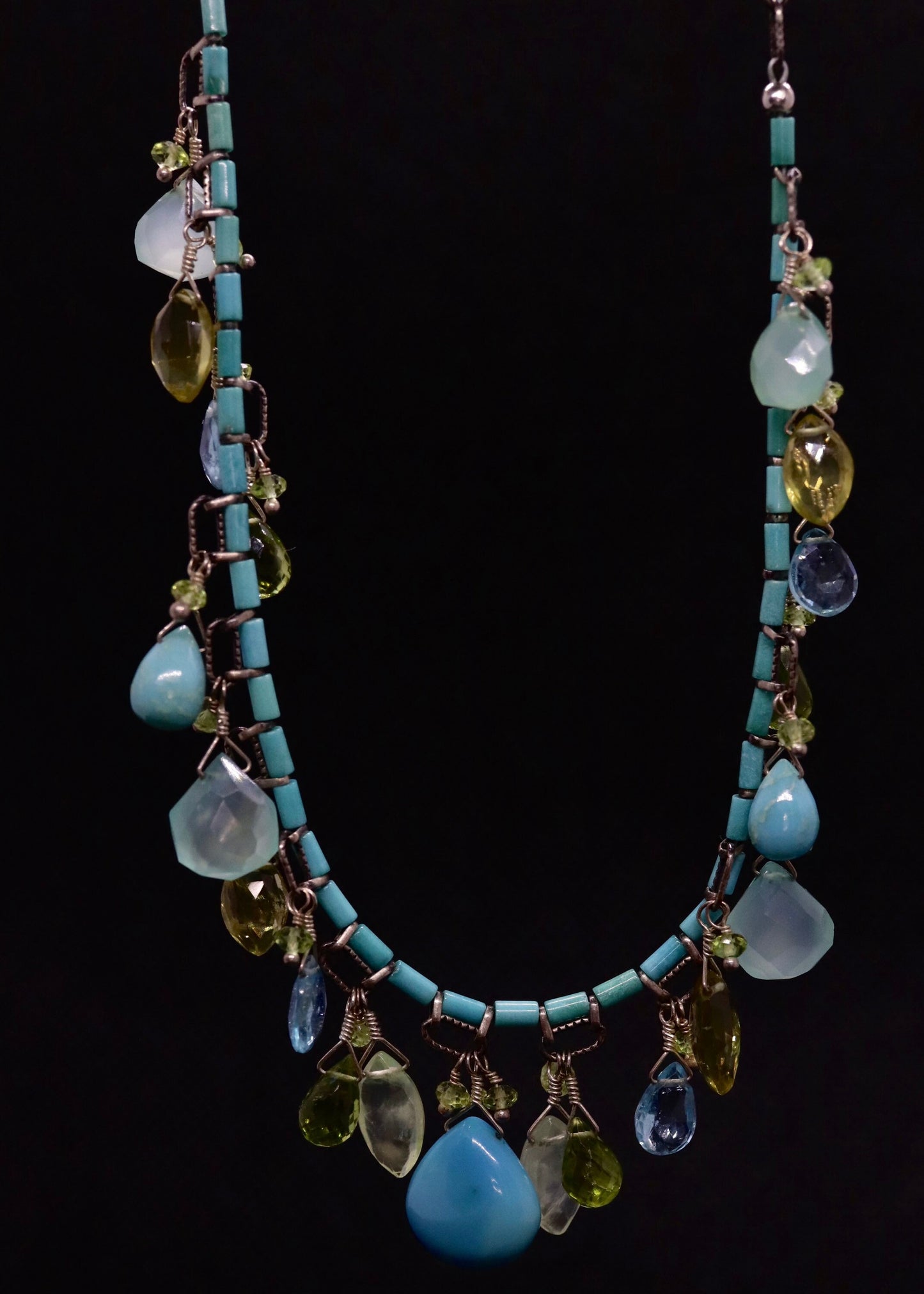 Laura Gibson Necklace. Gibson Sterling Silver Turquoise Dangling Candy multi-gem necklace (274)