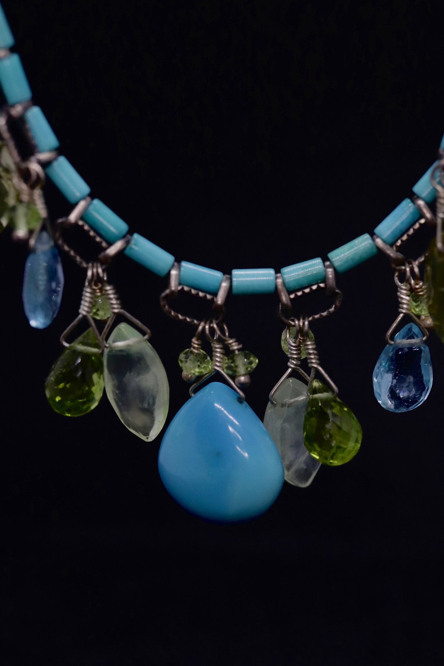 Laura Gibson Necklace. Gibson Sterling Silver Turquoise Dangling Candy multi-gem necklace (274)