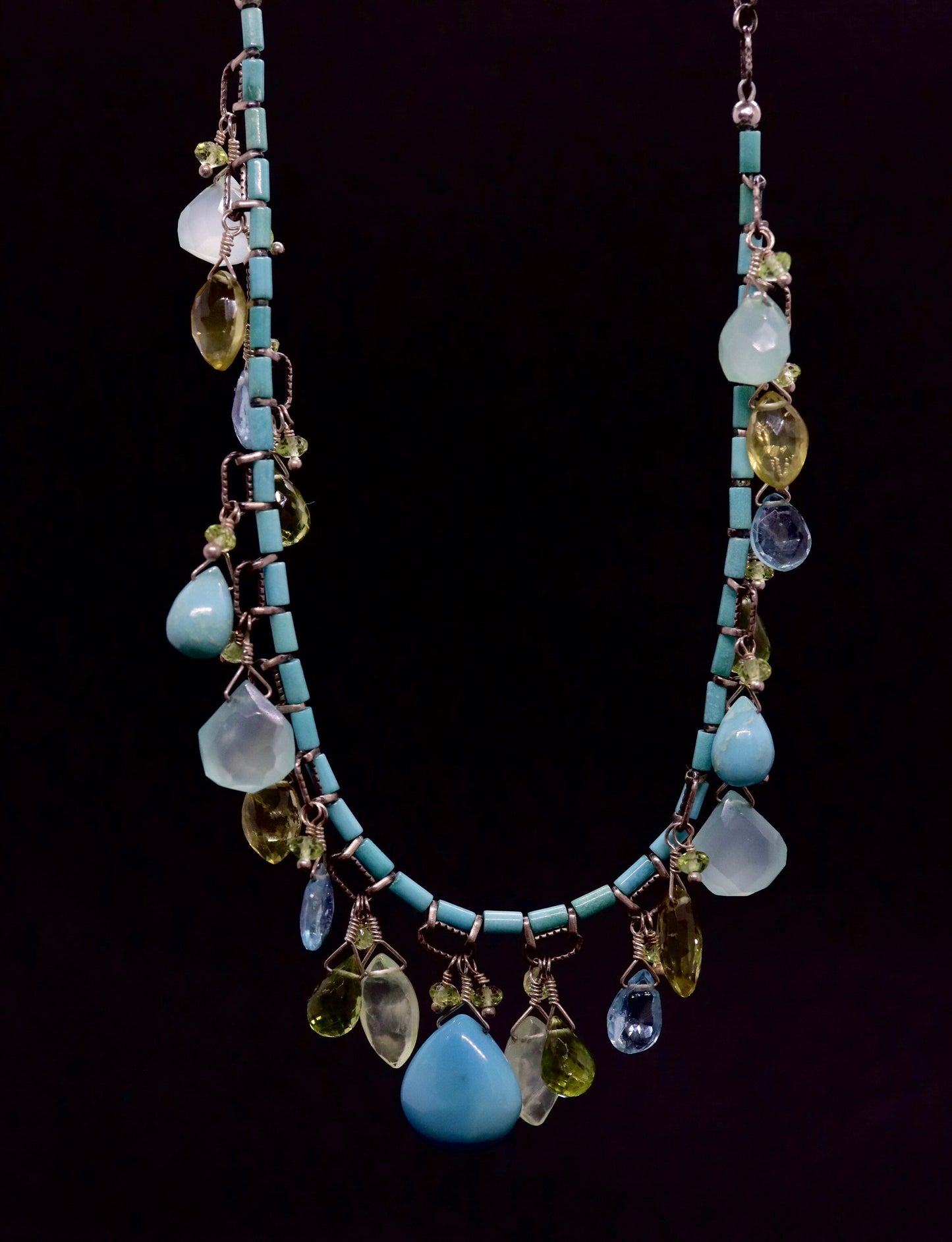 Laura Gibson Necklace. Gibson Sterling Silver Turquoise Dangling Candy multi-gem necklace (274)
