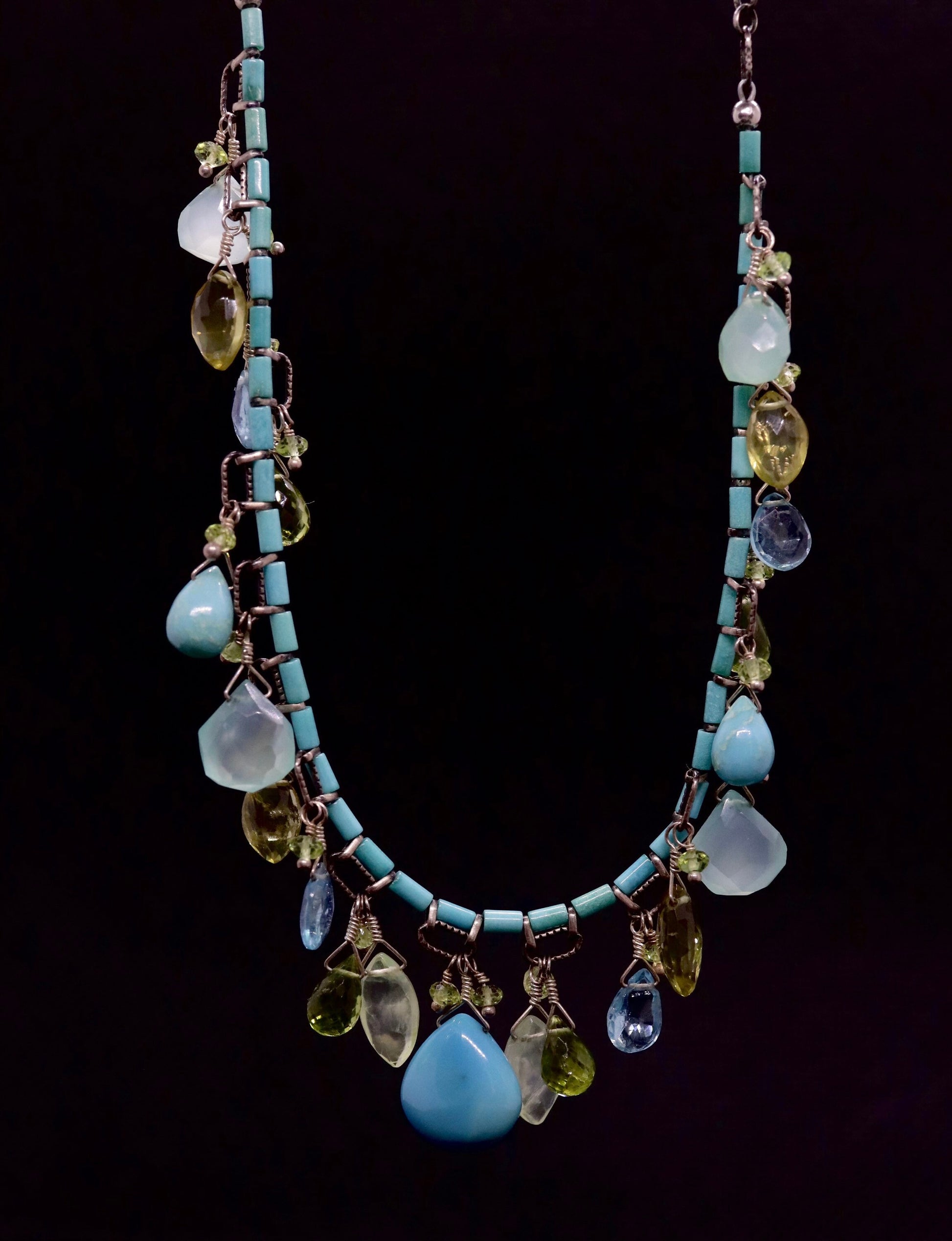 Laura Gibson Necklace. Gibson Sterling Silver Turquoise Dangling Candy multi-gem necklace (274)