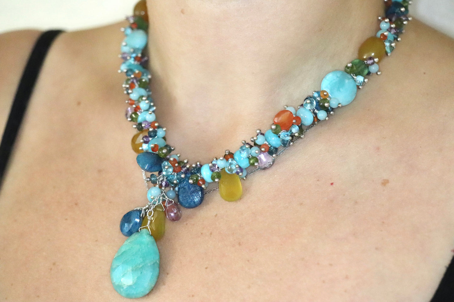 Laura Gibson Necklace. Gibson Sterling Silver Amazonite Dangling Candy multi-gem necklace (170)