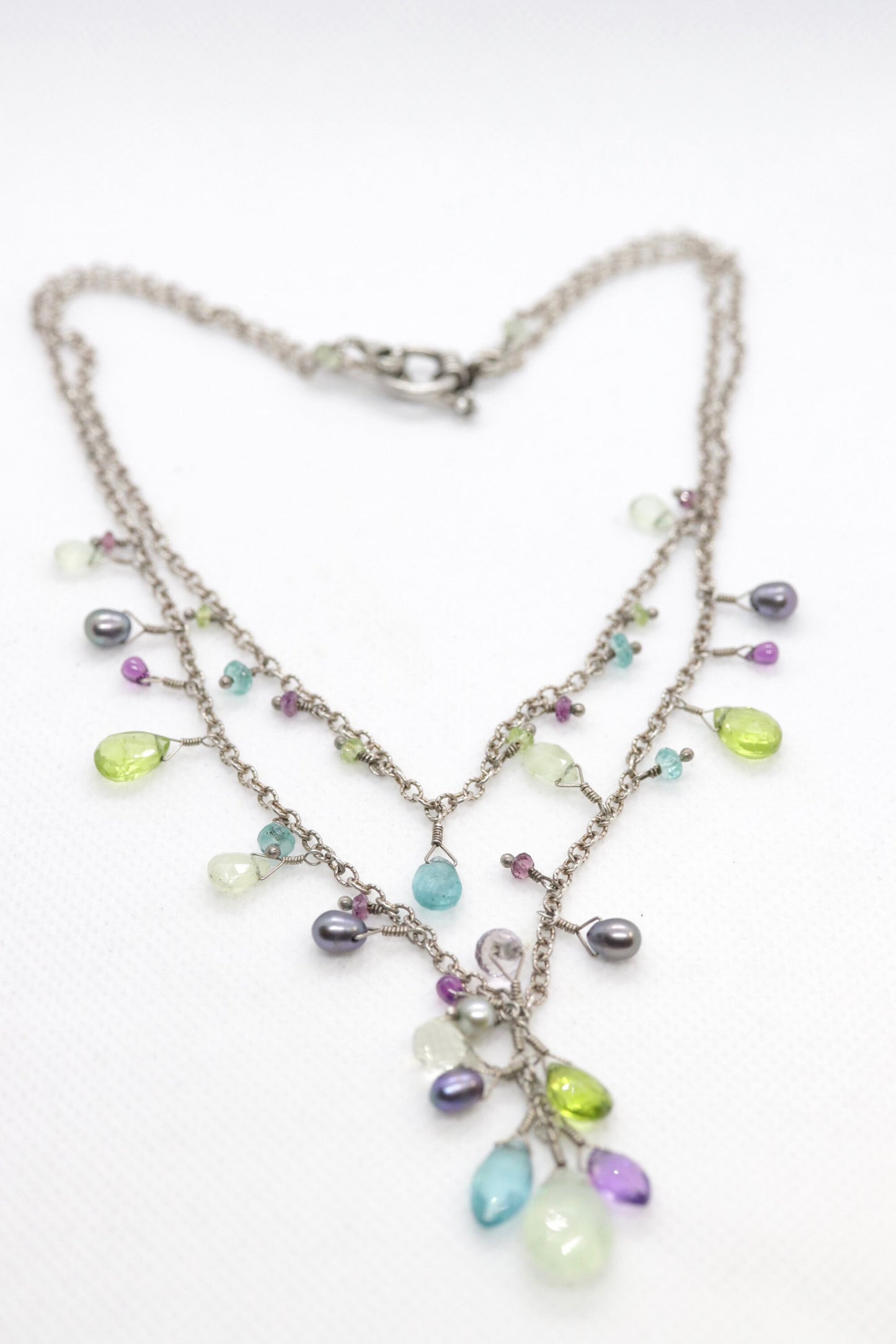 Laura Gibson Two strand Necklace. Gibson Sterling Silver Amethyst Pearl Dangling Candy multi-gem necklace (450)