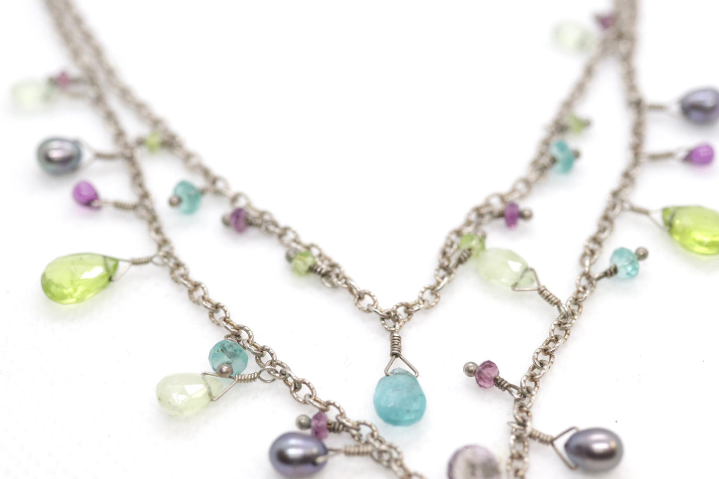 Laura Gibson Two strand Necklace. Gibson Sterling Silver Amethyst Pearl Dangling Candy multi-gem necklace (450)