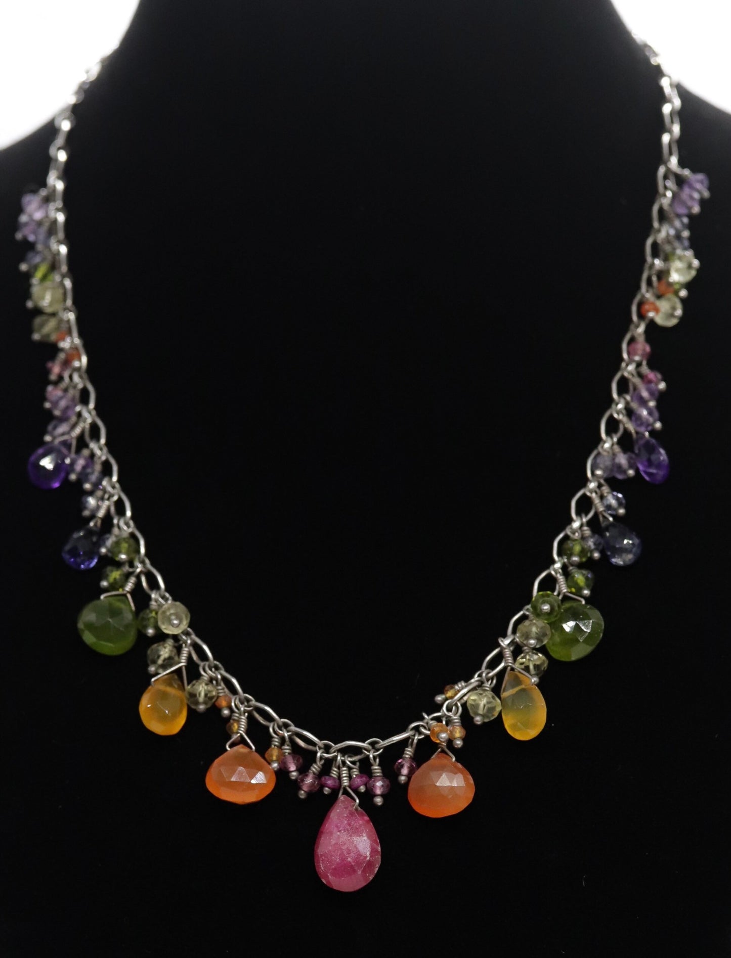 Laura Gibson Necklace. Gibson Sterling Carnelian Dangling Candy multi-gem necklace (549)