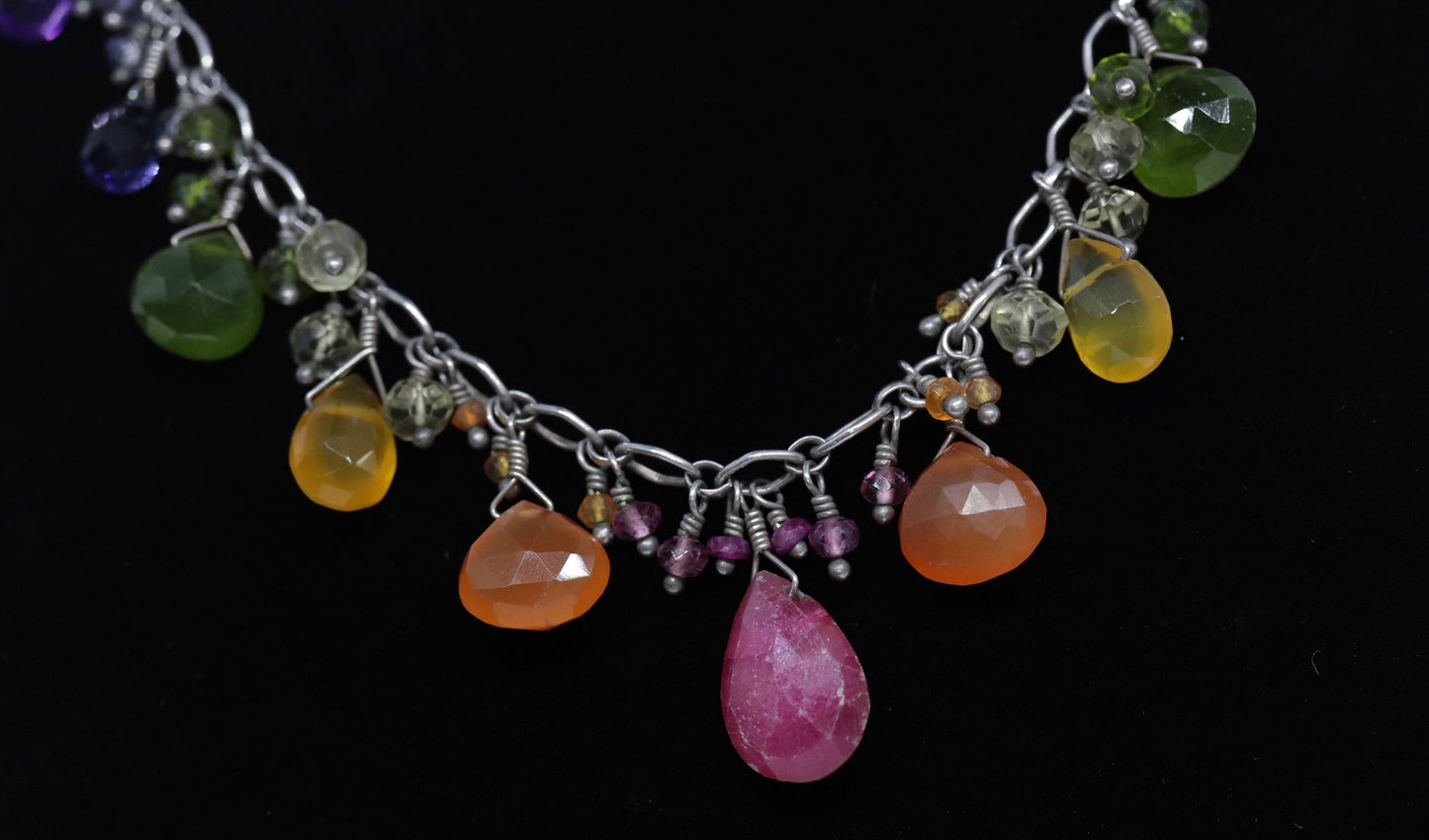 Laura Gibson Necklace. Gibson Sterling Carnelian Dangling Candy multi-gem necklace (549)