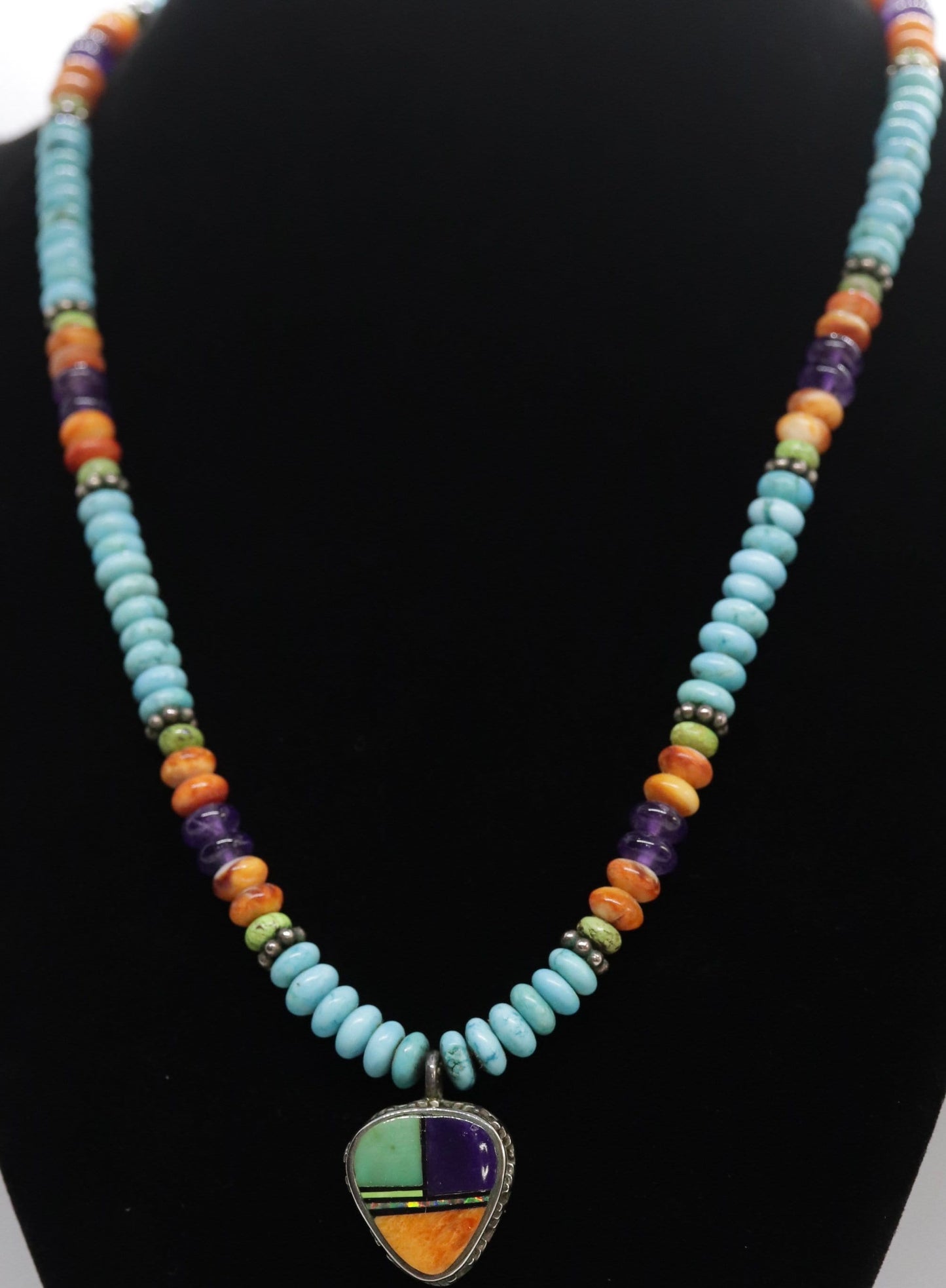 Etta Endito Navajo Sterling Silver Sun Inlay Pendant. SouthWestern Navajo Turquoise Amethyst Spiny Oyster Beaded Necklace.