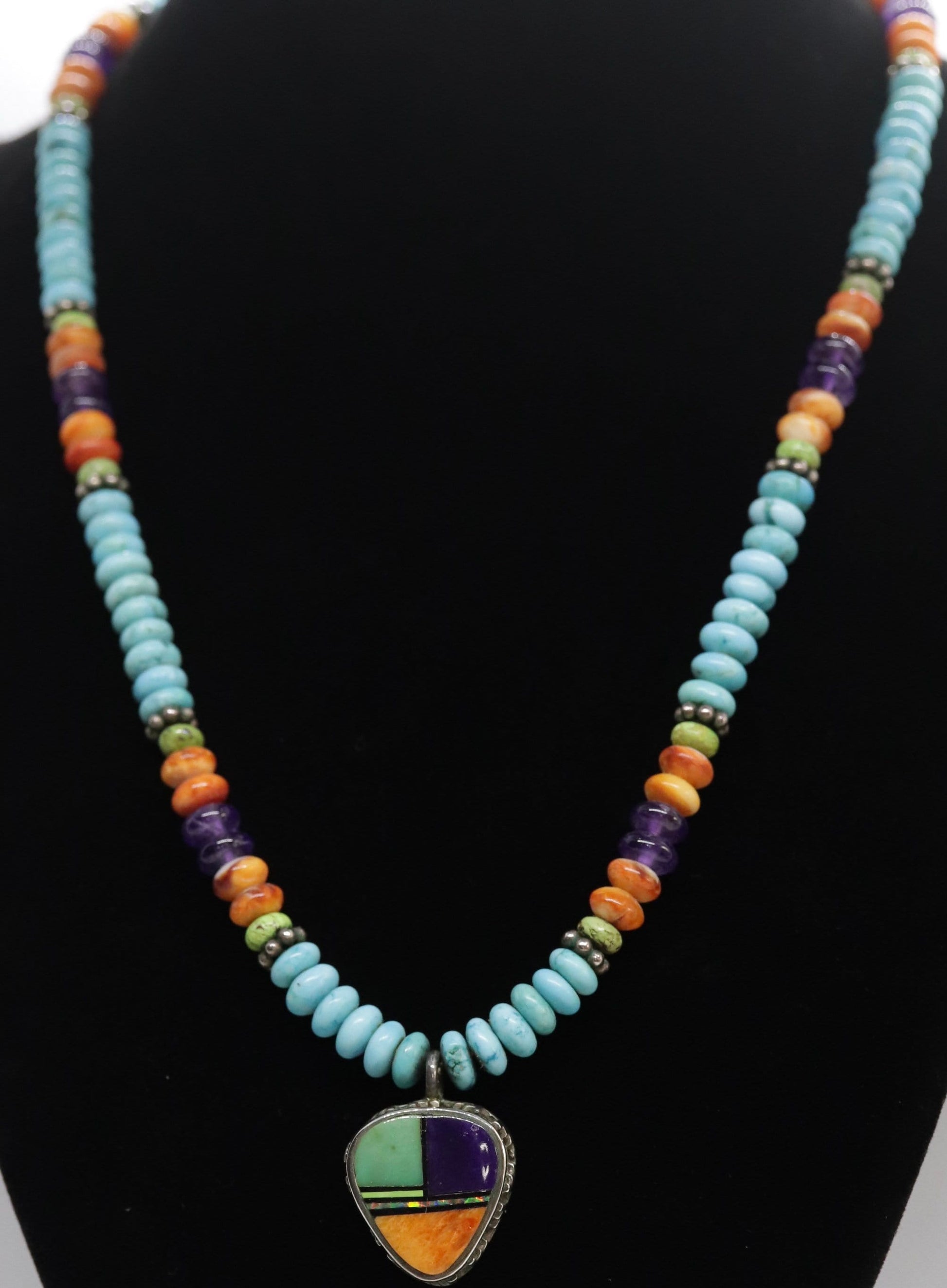 Etta Endito Navajo Sterling Silver Sun Inlay Pendant. SouthWestern Navajo Turquoise Amethyst Spiny Oyster Beaded Necklace.