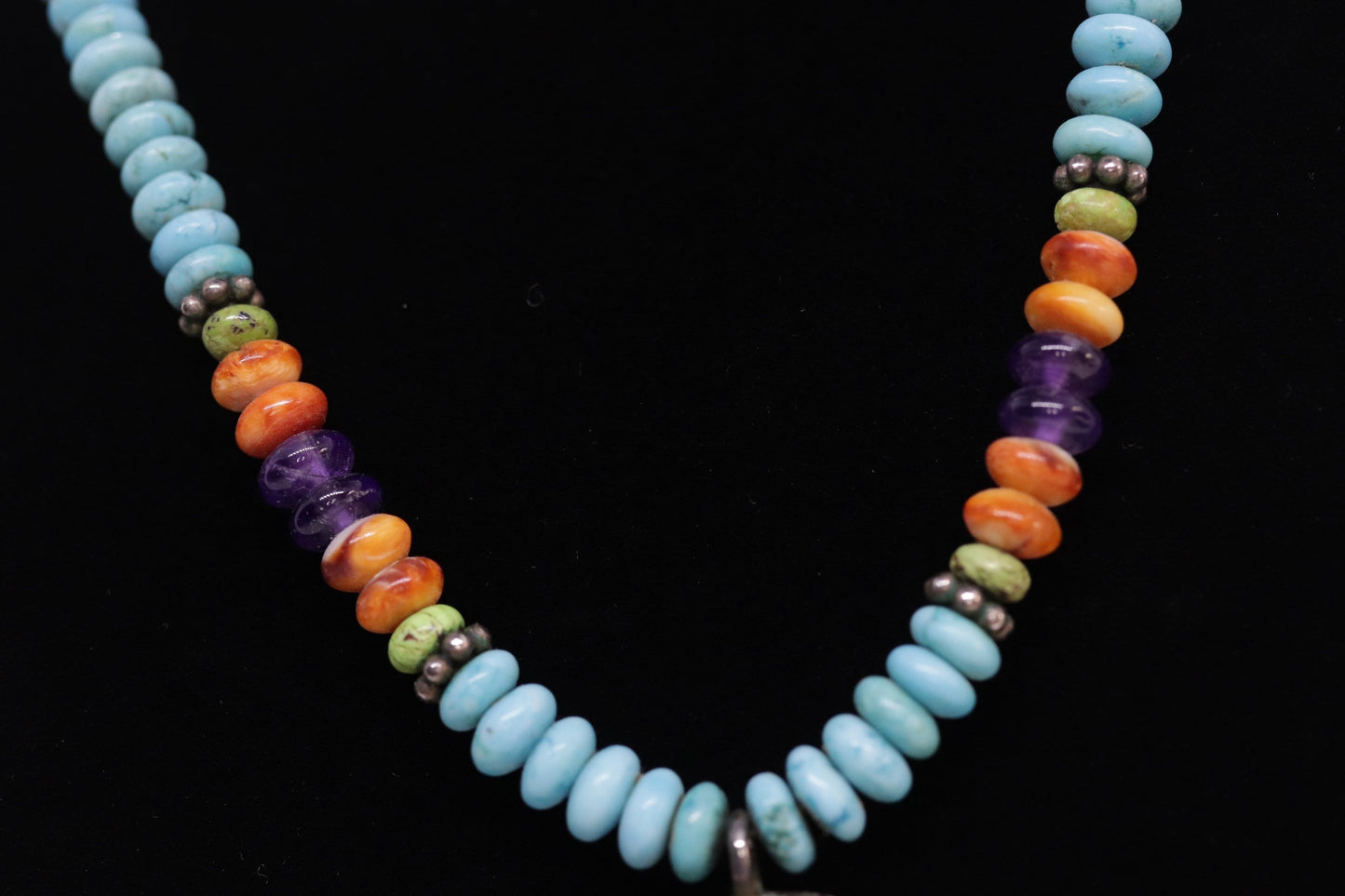 Etta Endito Navajo Sterling Silver Sun Inlay Pendant. SouthWestern Navajo Turquoise Amethyst Spiny Oyster Beaded Necklace.