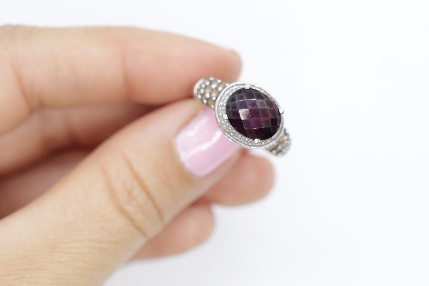 14k Large Faceted Garnet solitaire ring with champagne diamonds. (117)