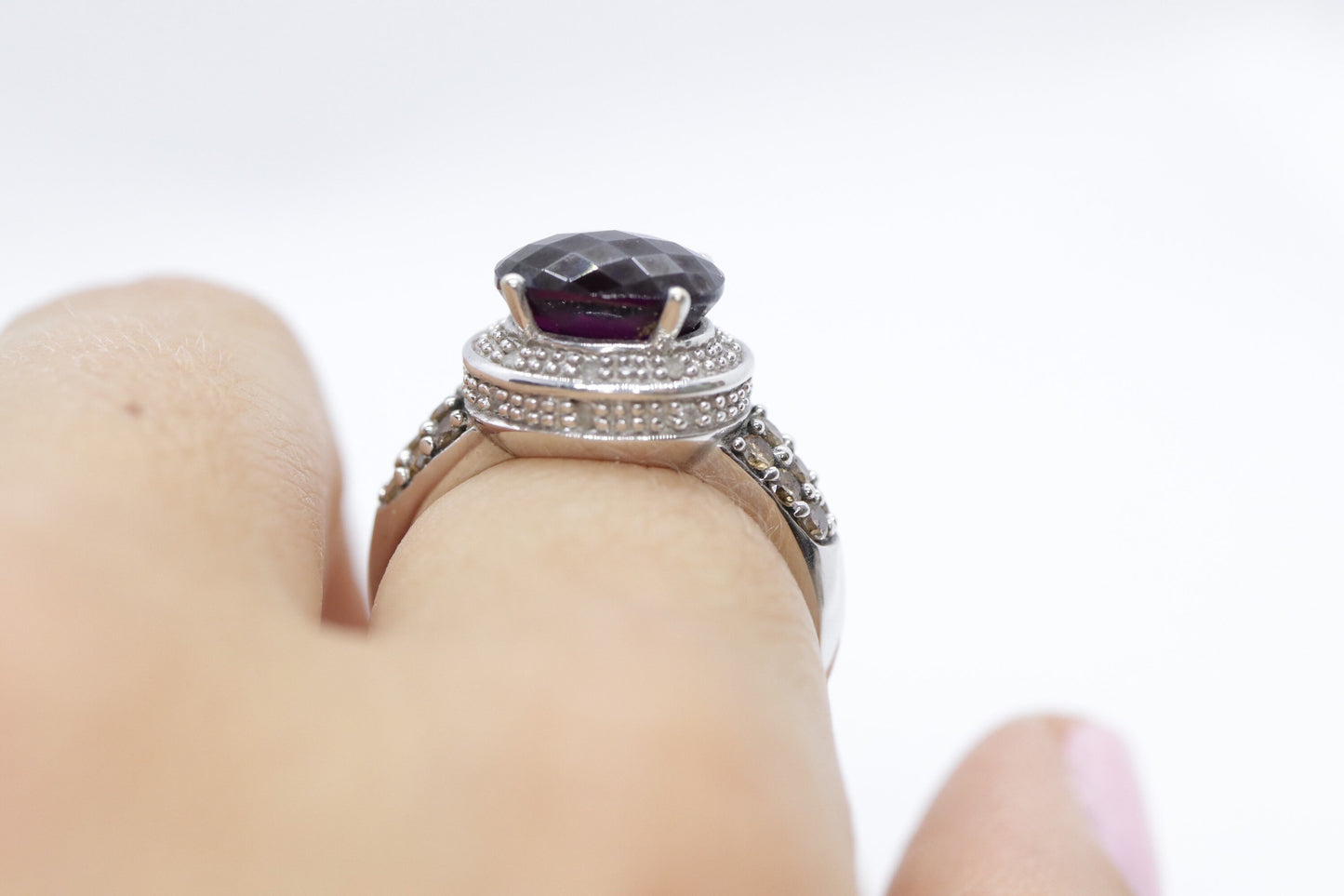 14k Large Faceted Garnet solitaire ring with champagne diamonds. (117)