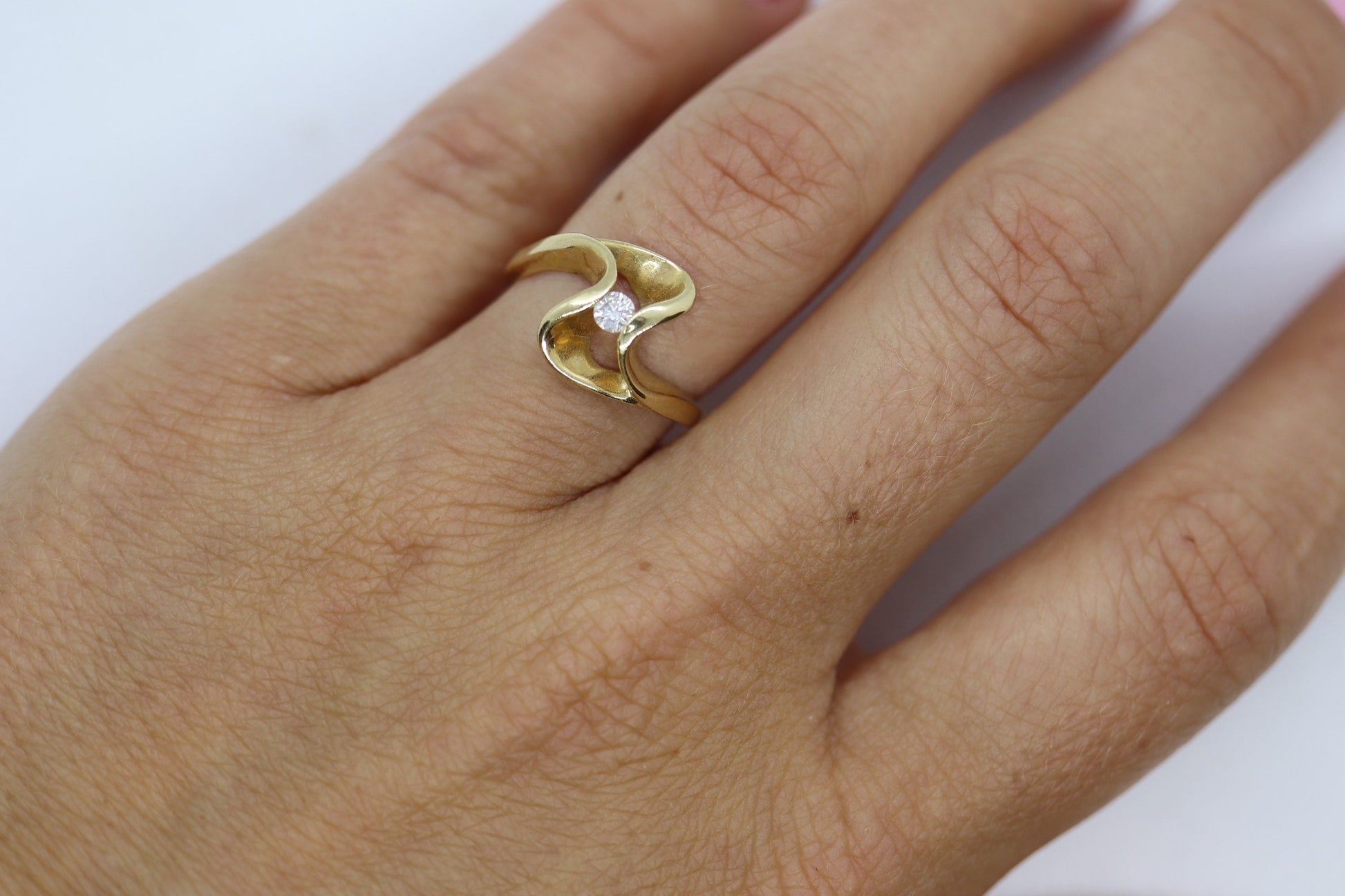 Diamond Tension Ring. 14k Diamond Solitaire Swirl  Swivel ring.