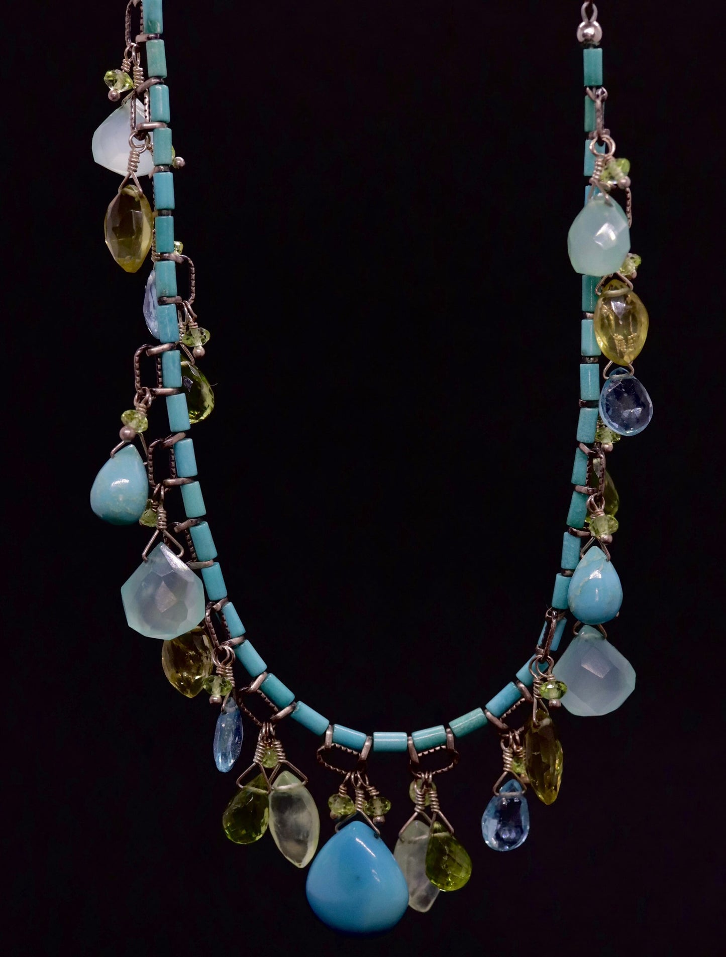 Laura Gibson Necklace. Gibson Sterling Silver Turquoise Dangling Candy multi-gem necklace (274)