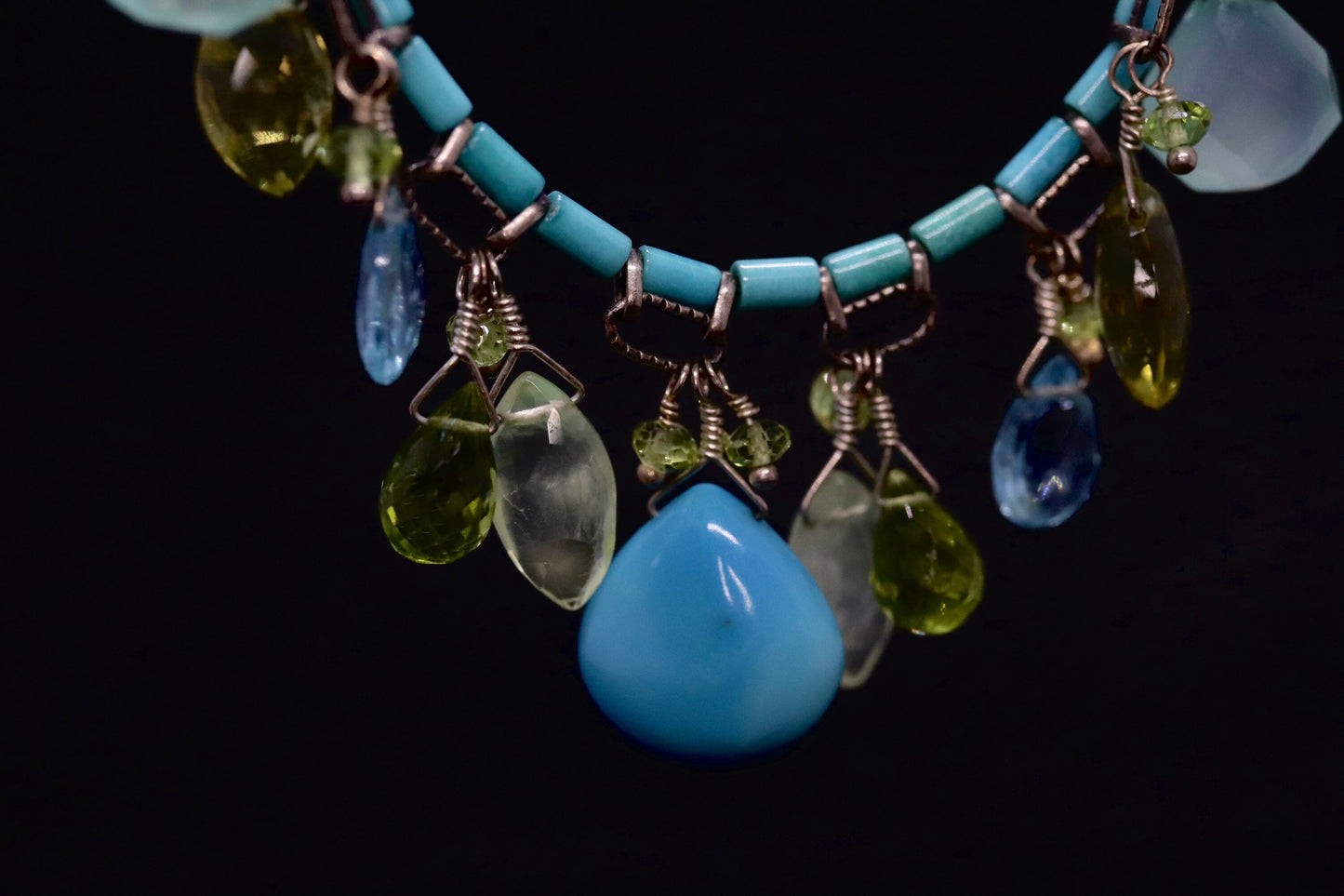 Laura Gibson Necklace. Gibson Sterling Silver Turquoise Dangling Candy multi-gem necklace (274)