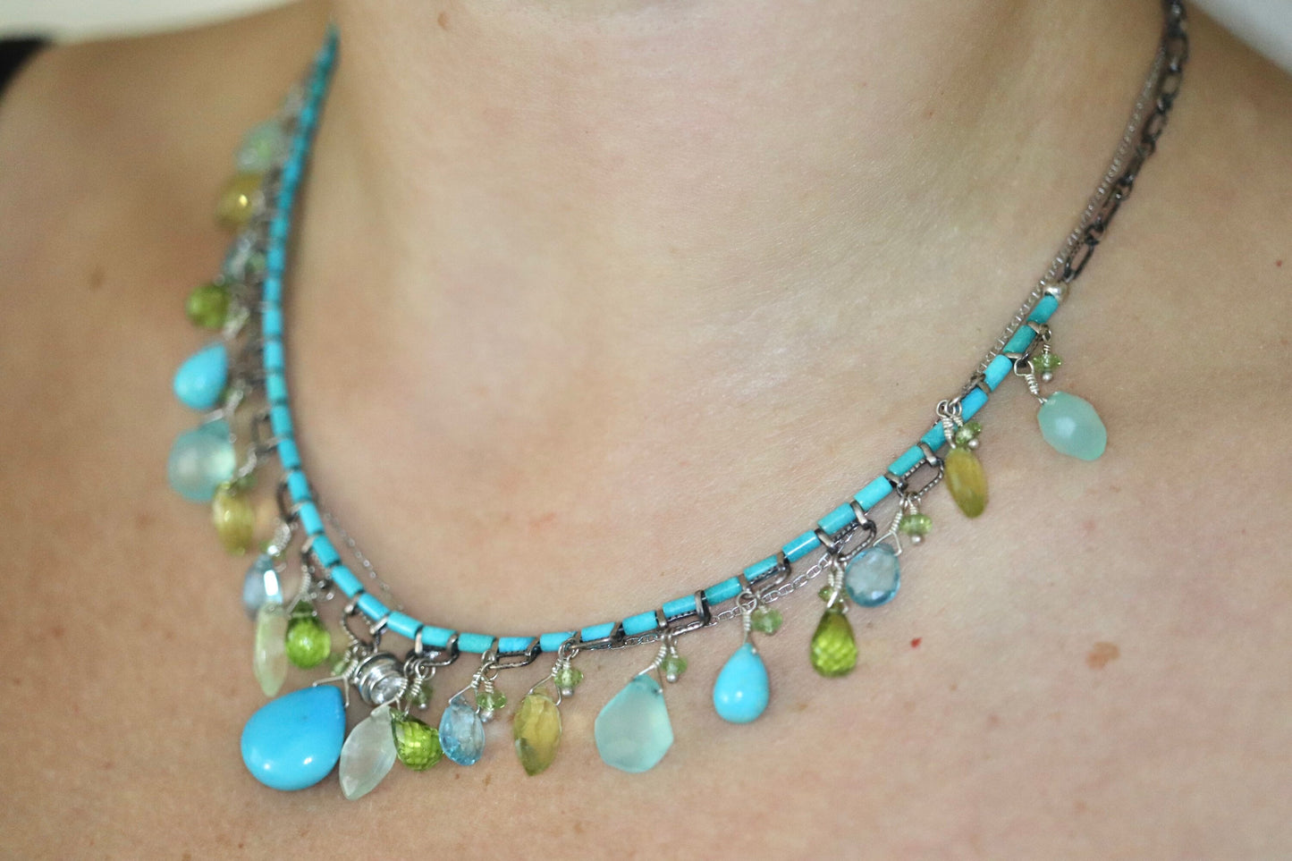 Laura Gibson Necklace. Gibson Sterling Silver Turquoise Dangling Candy multi-gem necklace (274)