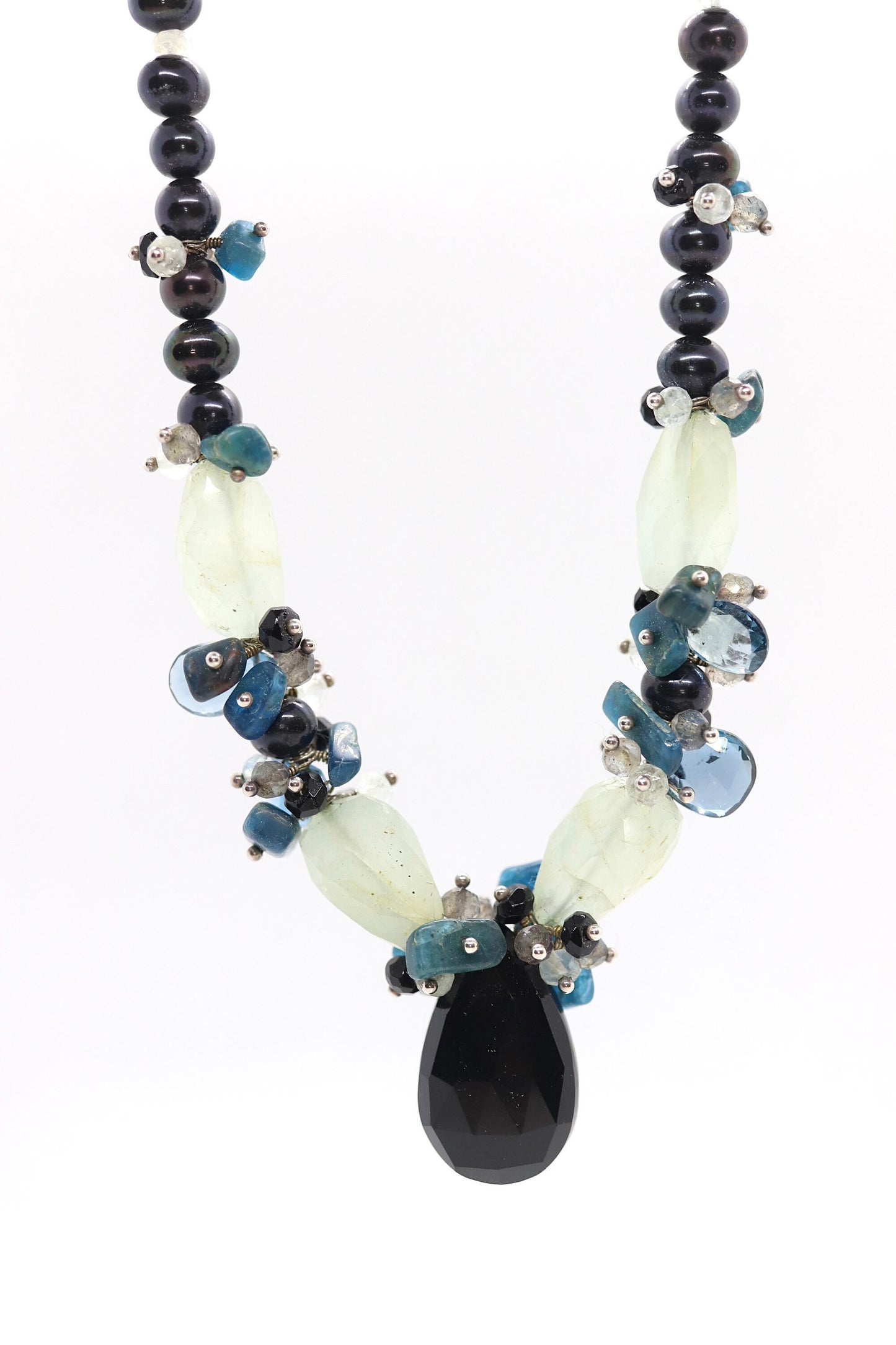 Laura Gibson Necklace. Gibson Sterling Silver Onyx Dangling Candy multi-gem necklace (295)