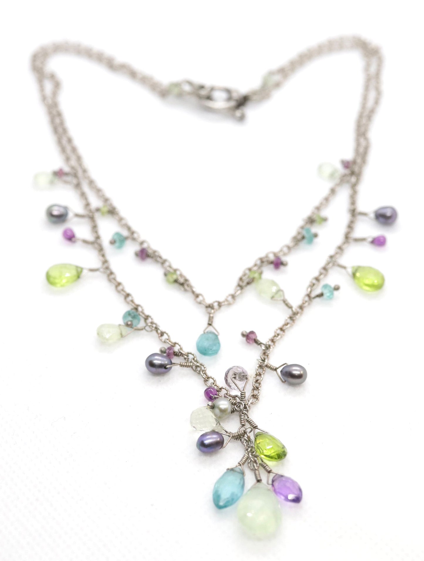 Laura Gibson Two strand Necklace. Gibson Sterling Silver Amethyst Pearl Dangling Candy multi-gem necklace (450)