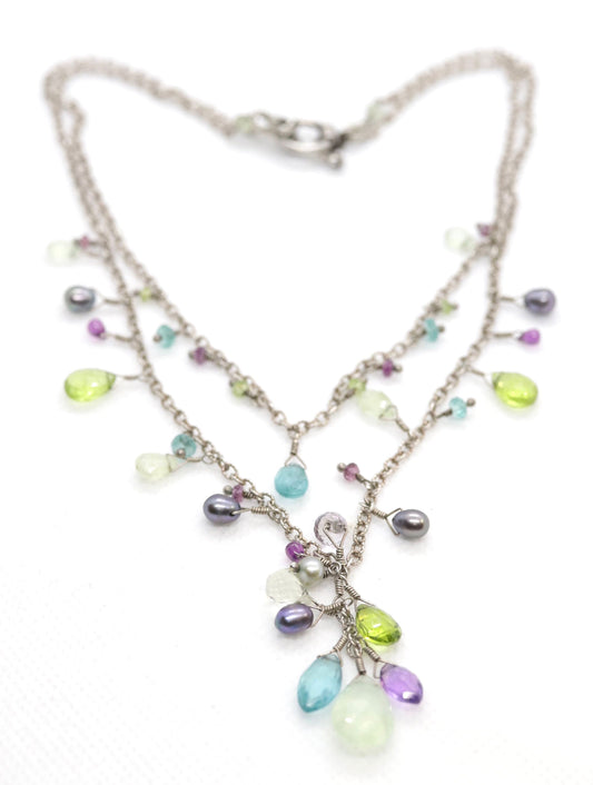Laura Gibson Two strand Necklace. Gibson Sterling Silver Amethyst Pearl Dangling Candy multi-gem necklace (450)