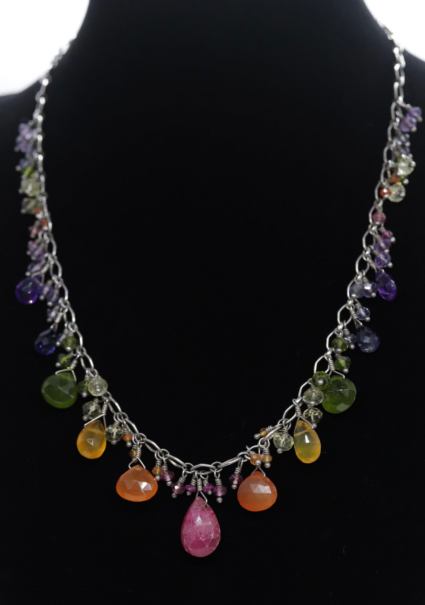Laura Gibson Necklace. Gibson Sterling Carnelian Dangling Candy multi-gem necklace (549)