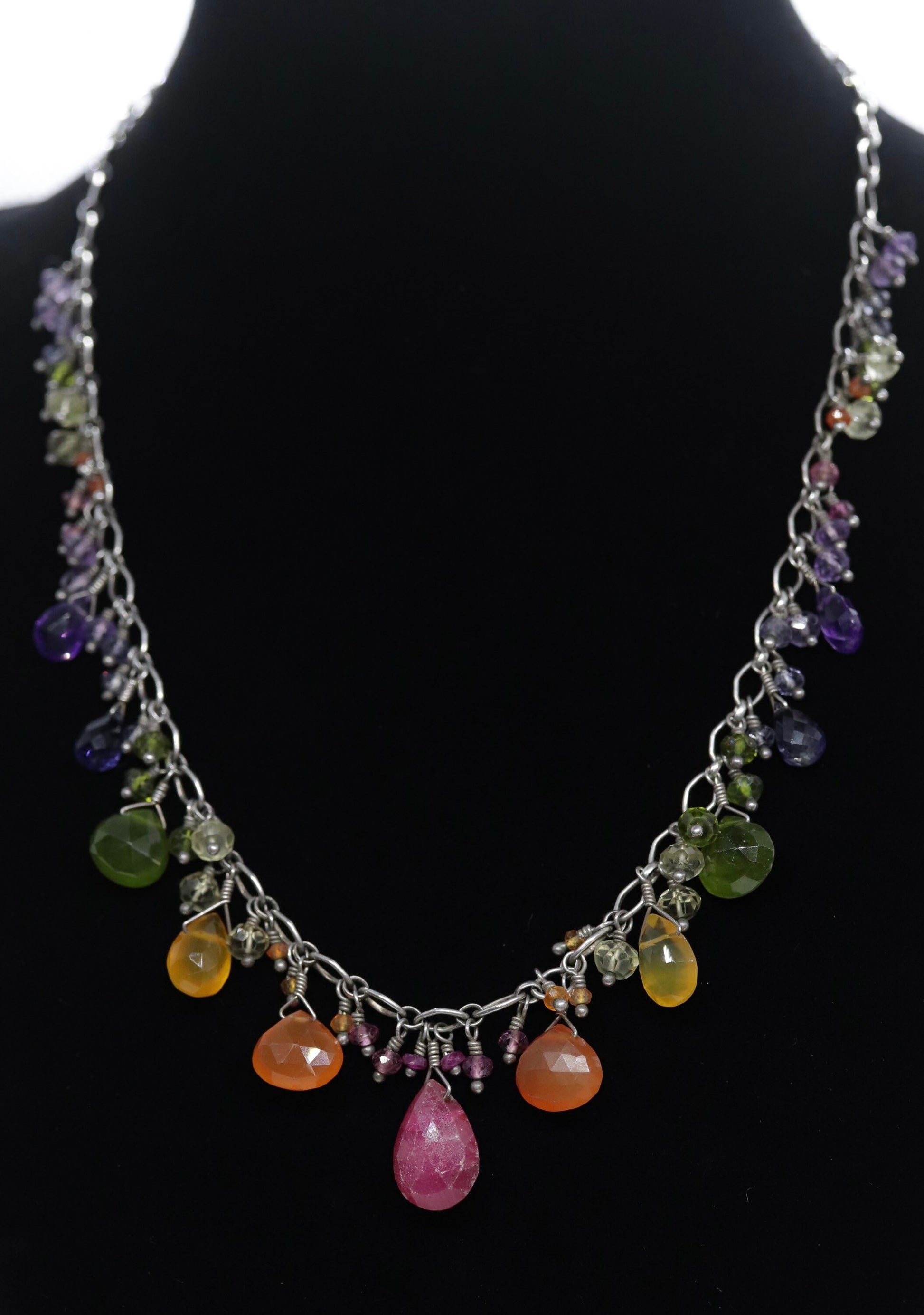 Laura Gibson Necklace. Gibson Sterling Carnelian Dangling Candy multi-gem necklace (549)