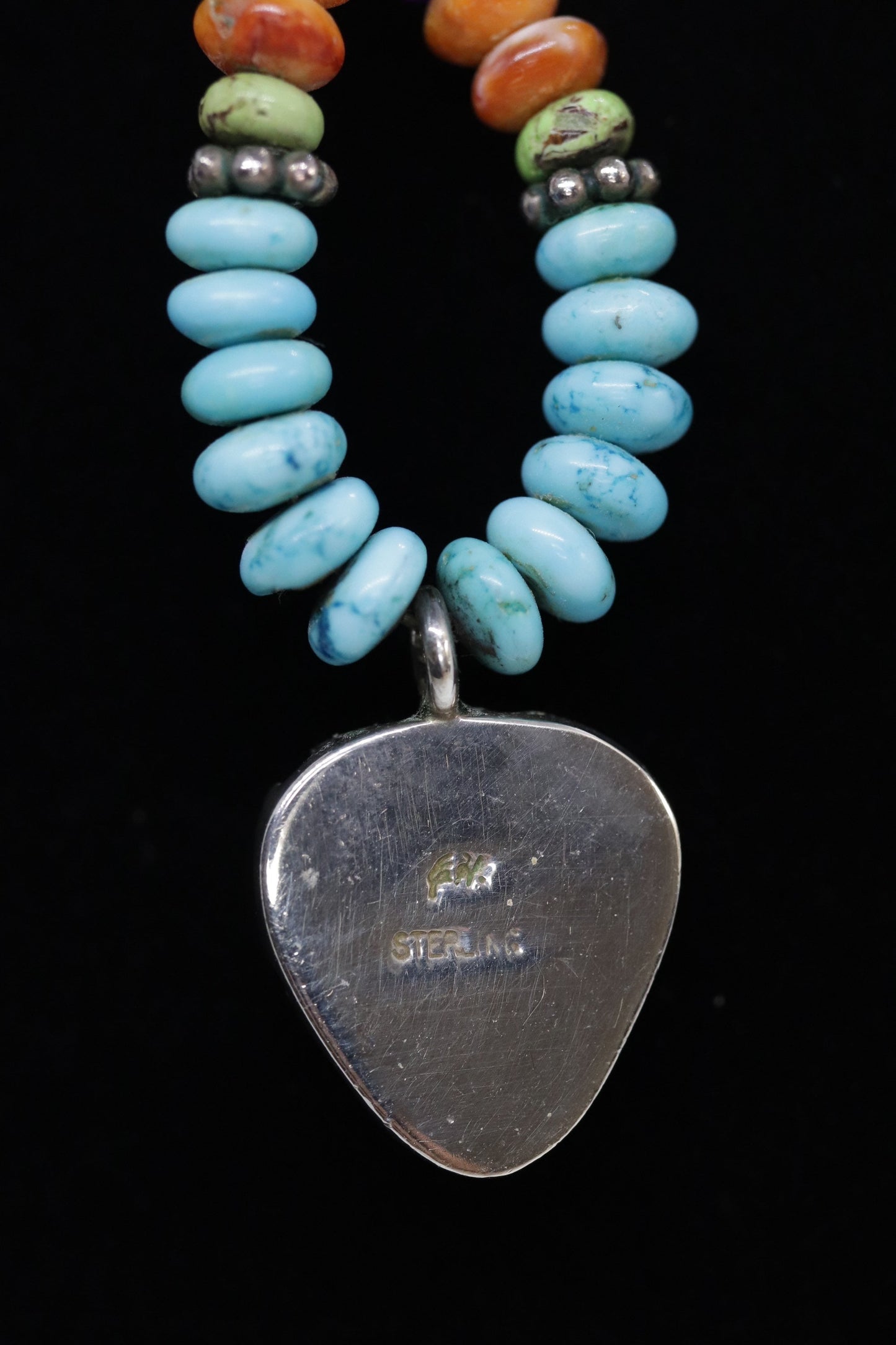 Etta Endito Navajo Sterling Silver Sun Inlay Pendant. SouthWestern Navajo Turquoise Amethyst Spiny Oyster Beaded Necklace.