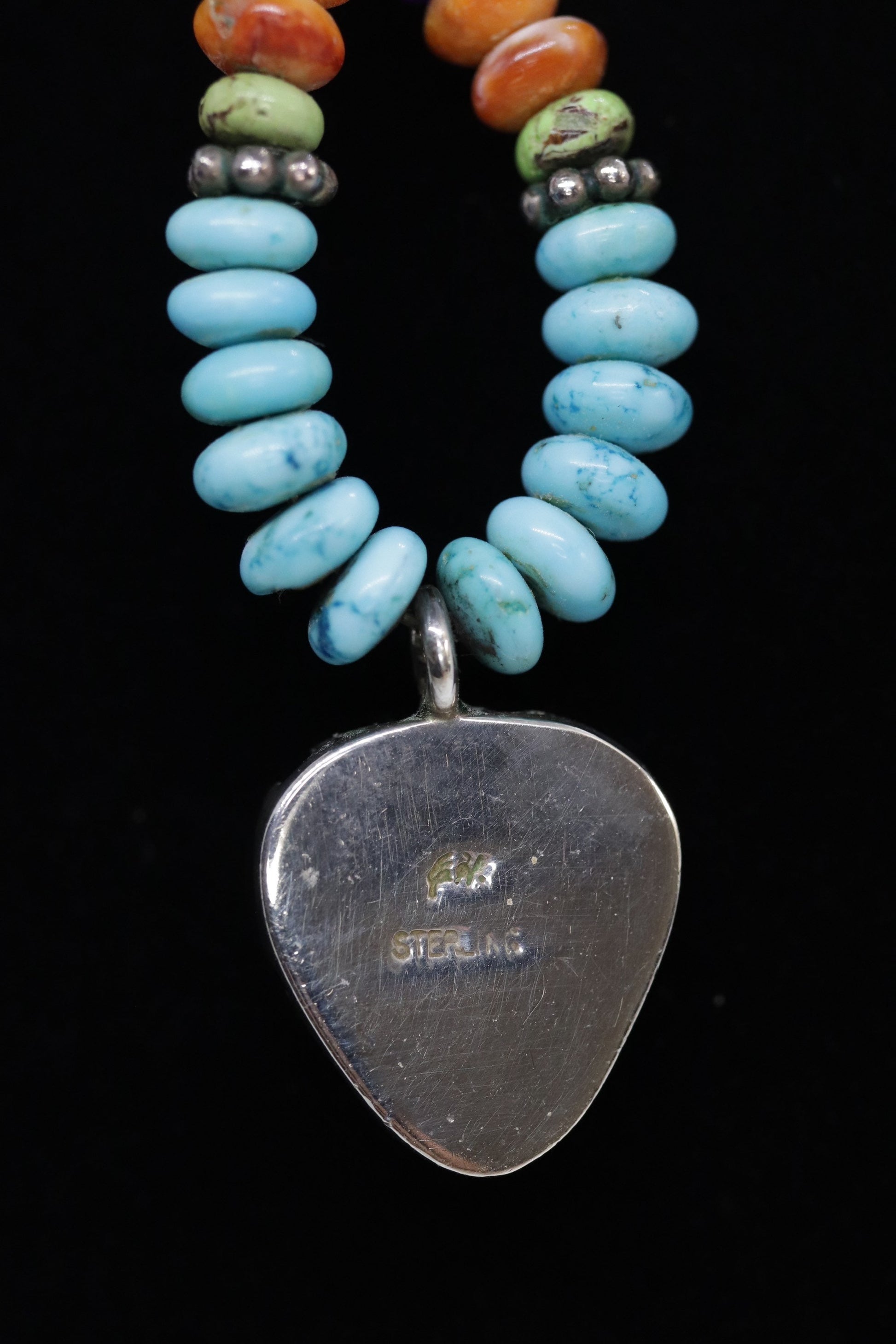 Etta Endito Navajo Sterling Silver Sun Inlay Pendant. SouthWestern Navajo Turquoise Amethyst Spiny Oyster Beaded Necklace.
