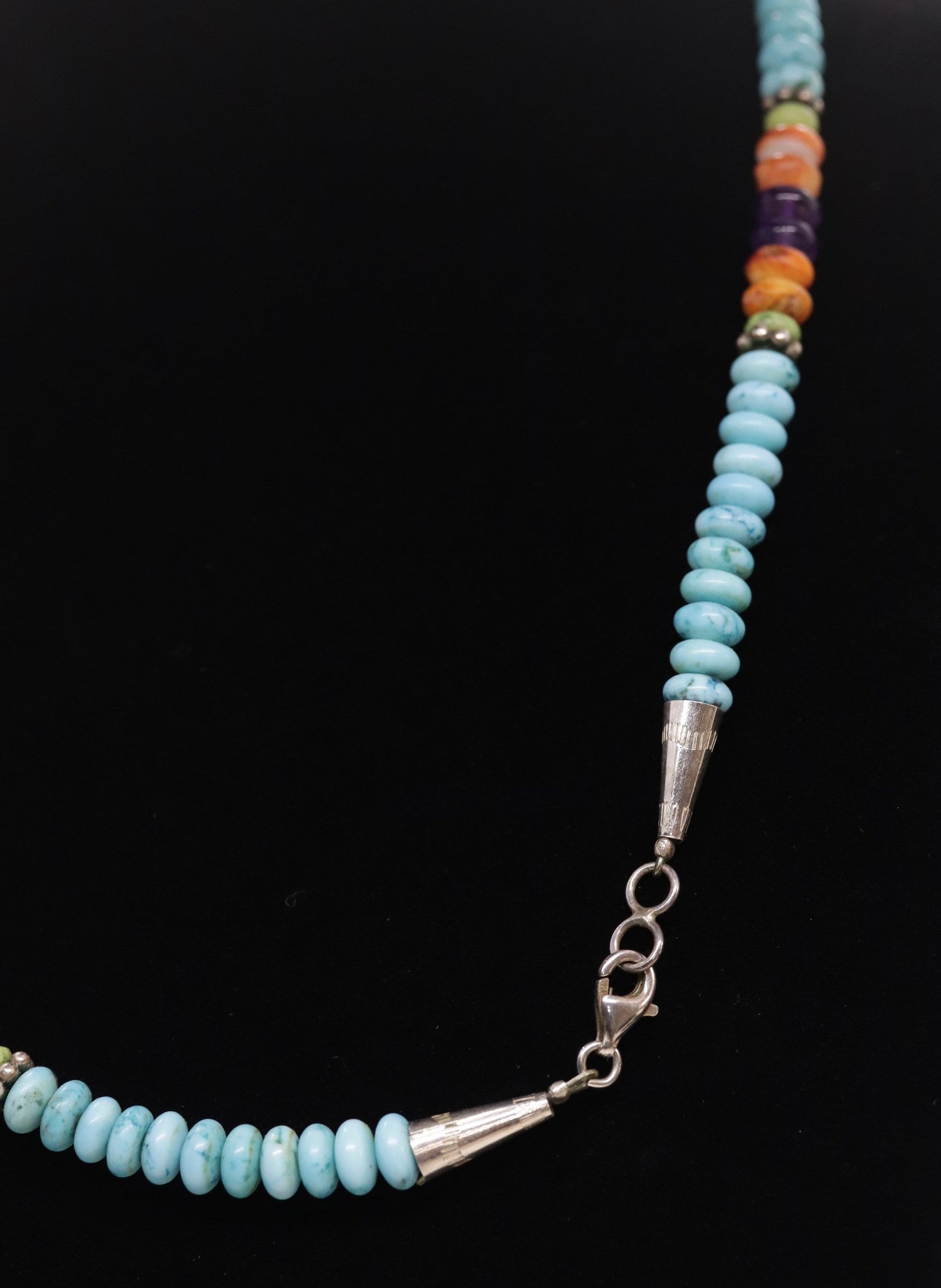 Etta Endito Navajo Sterling Silver Sun Inlay Pendant. SouthWestern Navajo Turquoise Amethyst Spiny Oyster Beaded Necklace.