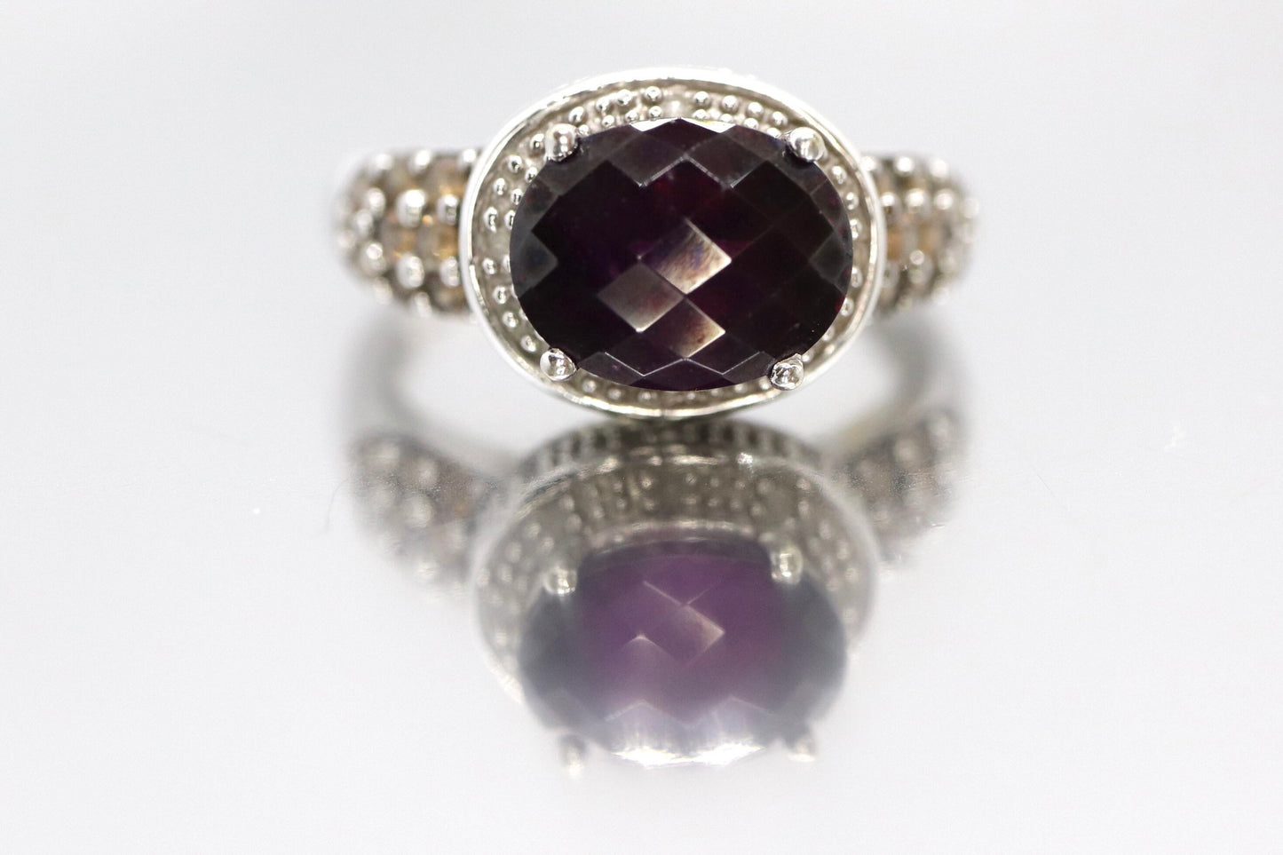 14k Large Faceted Garnet solitaire ring with champagne diamonds. (117)