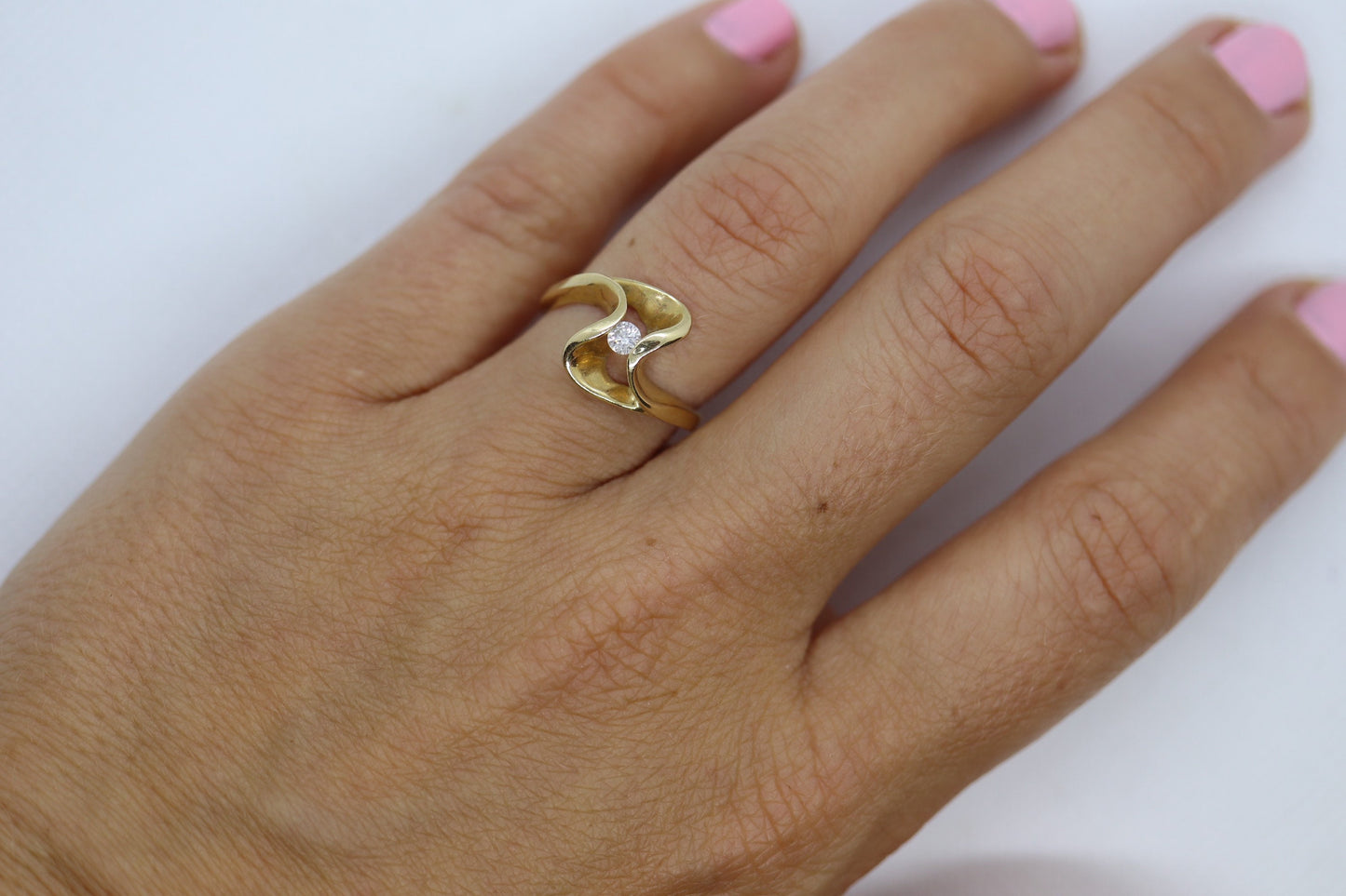 Diamond Tension Ring. 14k Diamond Solitaire Swirl Swivel ring.