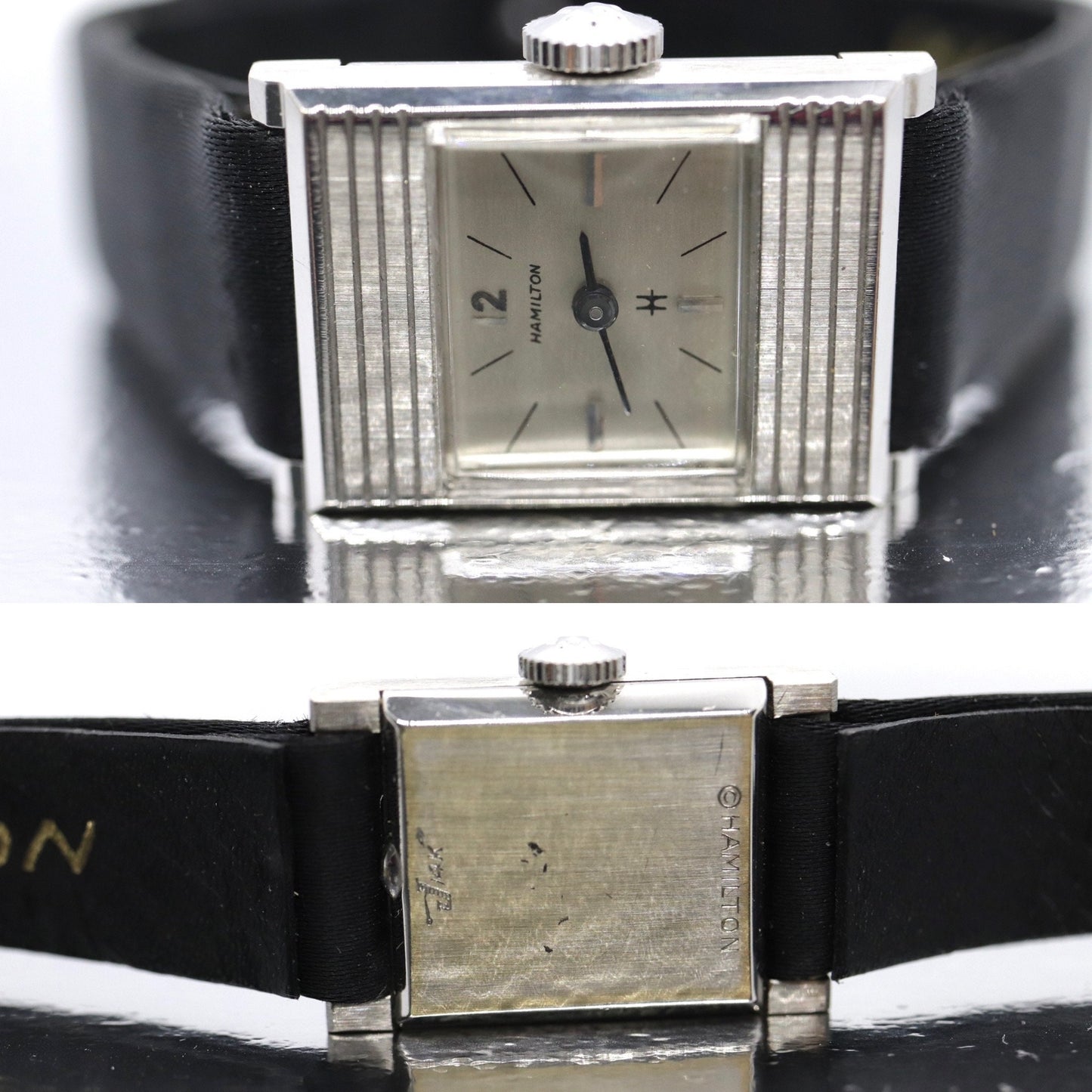 HAMILTON Watch. 14k White Gold Rectangle Ladies Hamilton mechanical wristwatch. 8345 Nevette