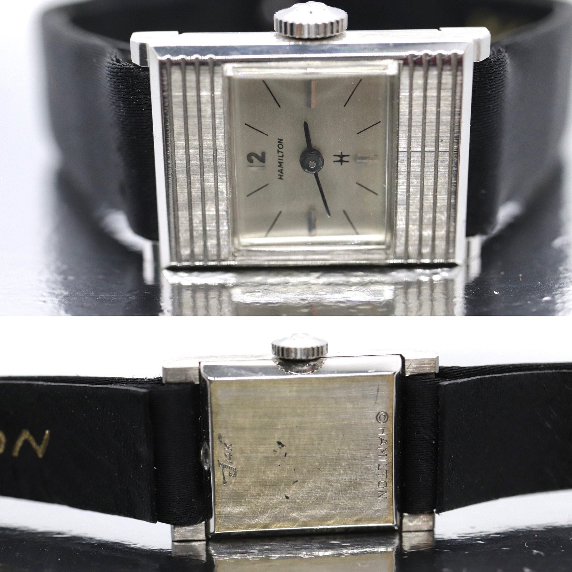 HAMILTON Watch. 14k White Gold Rectangle Ladies Hamilton mechanical wristwatch. 8345 Nevette