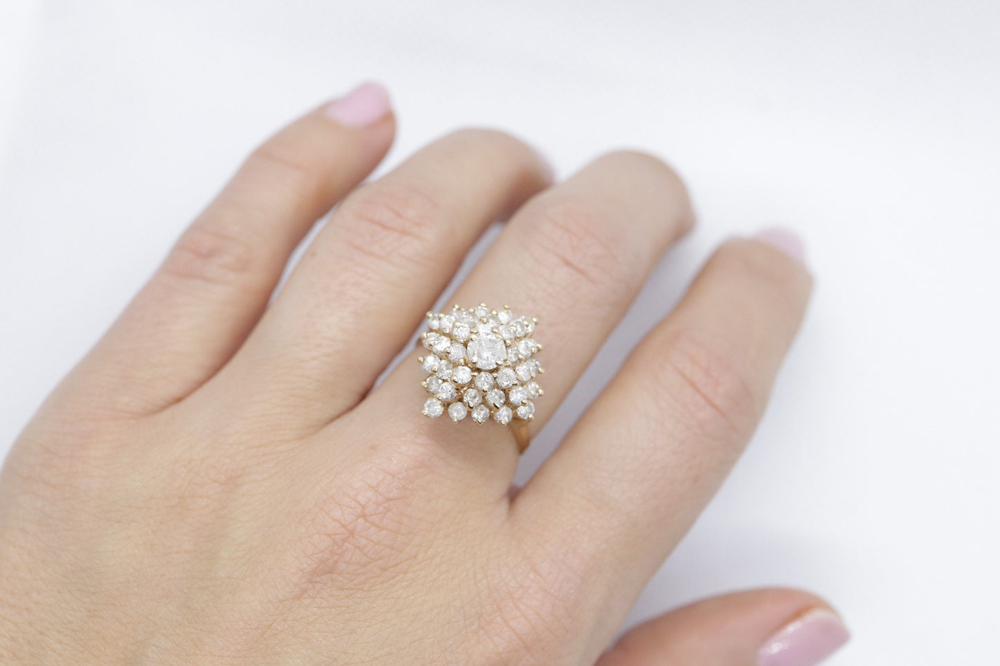 14k Yellow Gold Ring. Round Diamond Cluster Ring. Waterfall diamond. st(278)