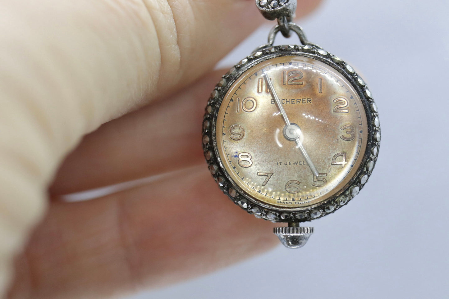 BUCHERER sterling silver and Marcasite manual watch. PIN Brooch Mechanical watch st(35/18)