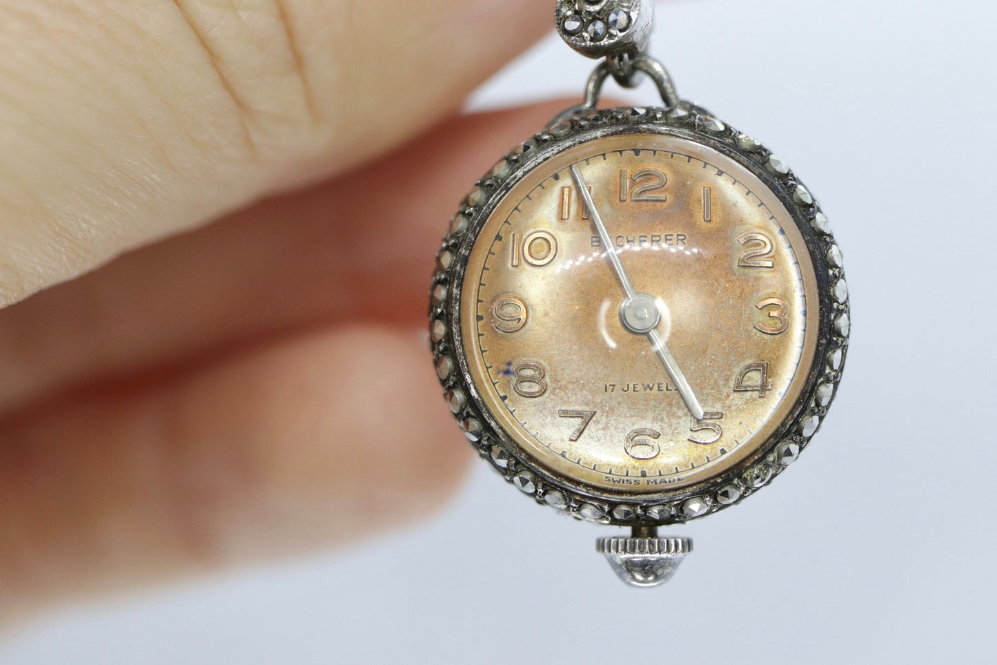BUCHERER sterling silver and Marcasite manual watch. PIN Brooch Mechanical watch st(35/18)
