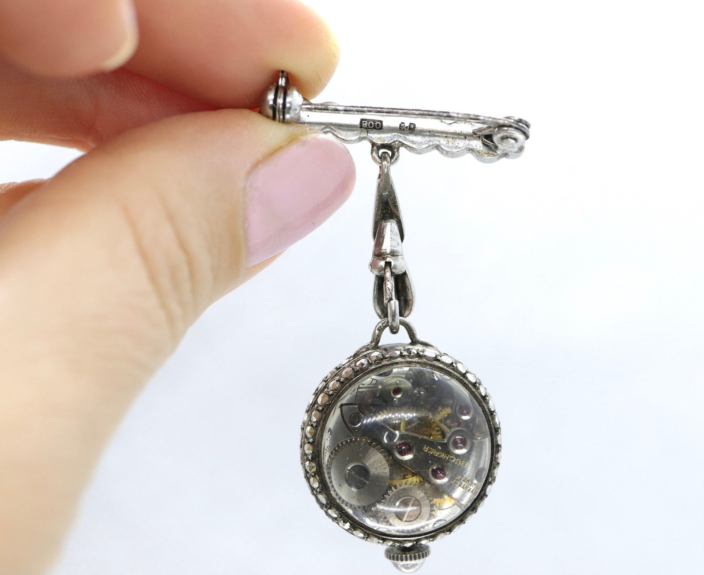 BUCHERER sterling silver and Marcasite manual watch. PIN Brooch Mechanical watch st(35/18)