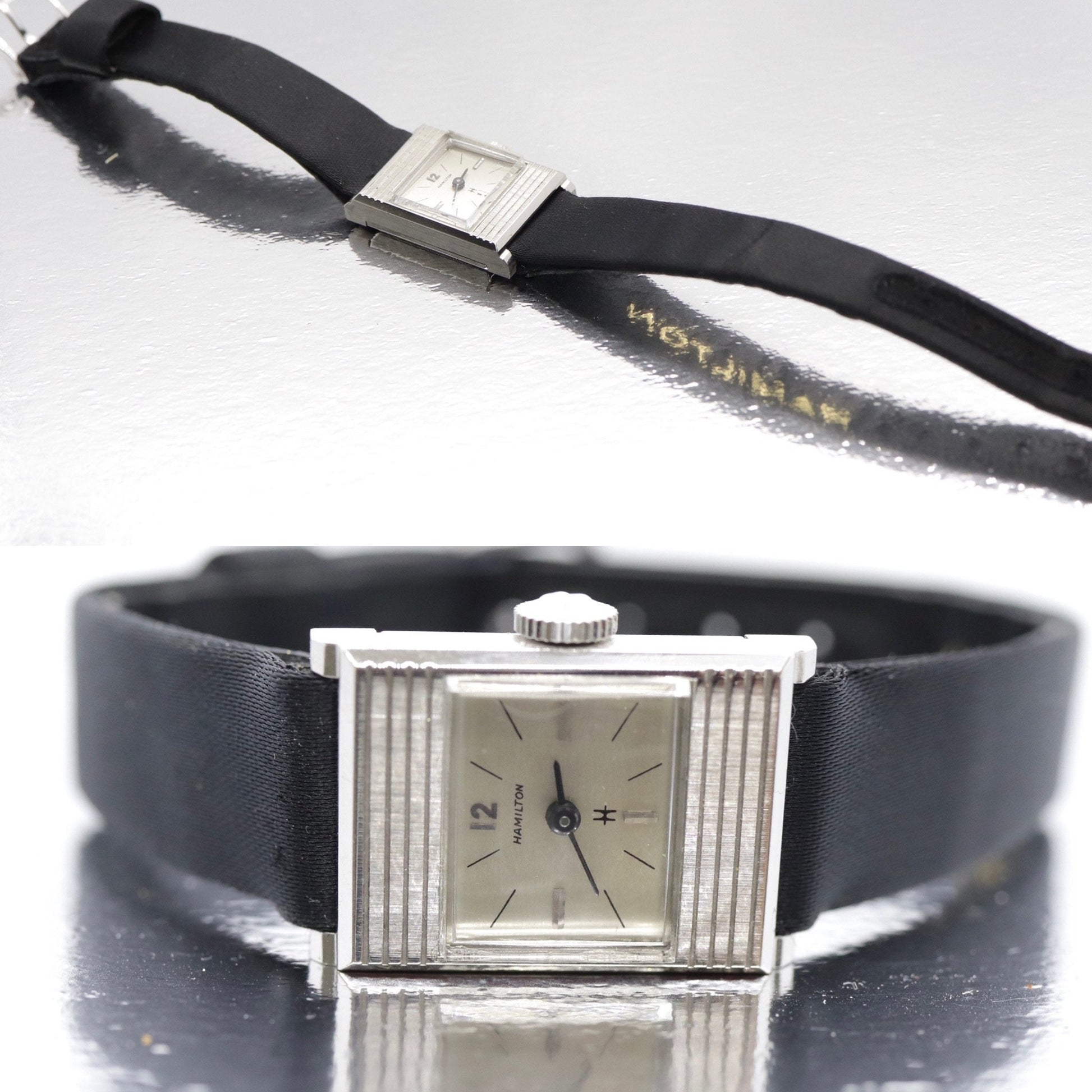 HAMILTON Watch. 14k White Gold Rectangle Ladies Hamilton mechanical wristwatch. 8345 Nevette