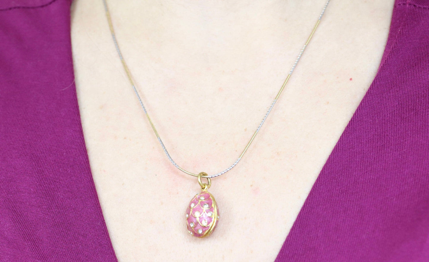 14k Round Omega Multi-Color Necklace with Gold Plated Enamel Egg pendant.