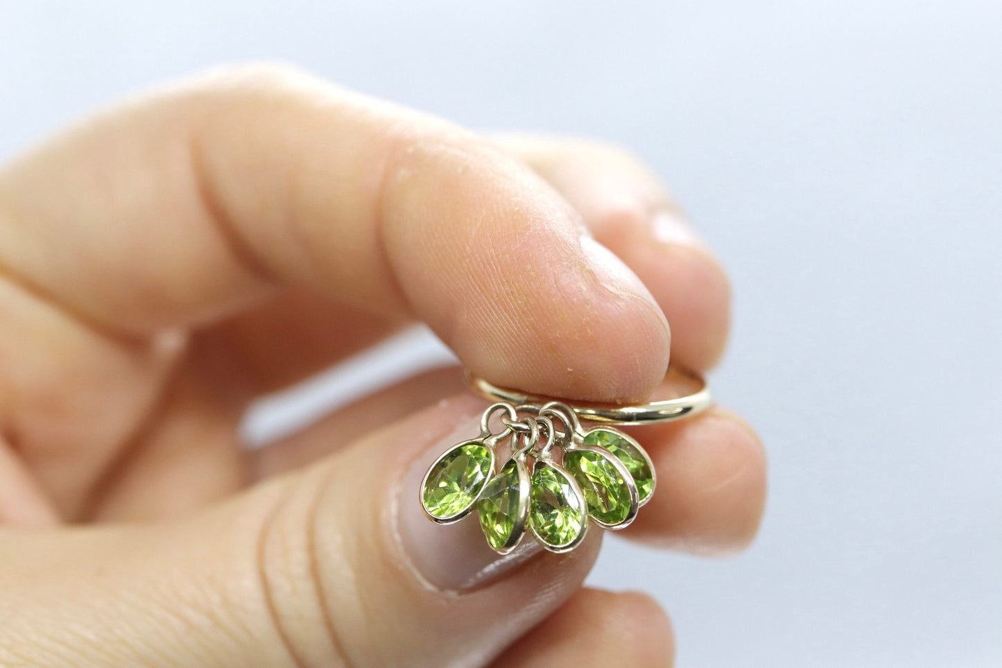 10k Peridot Dangle Charm ring. 10k Gem dangle ring