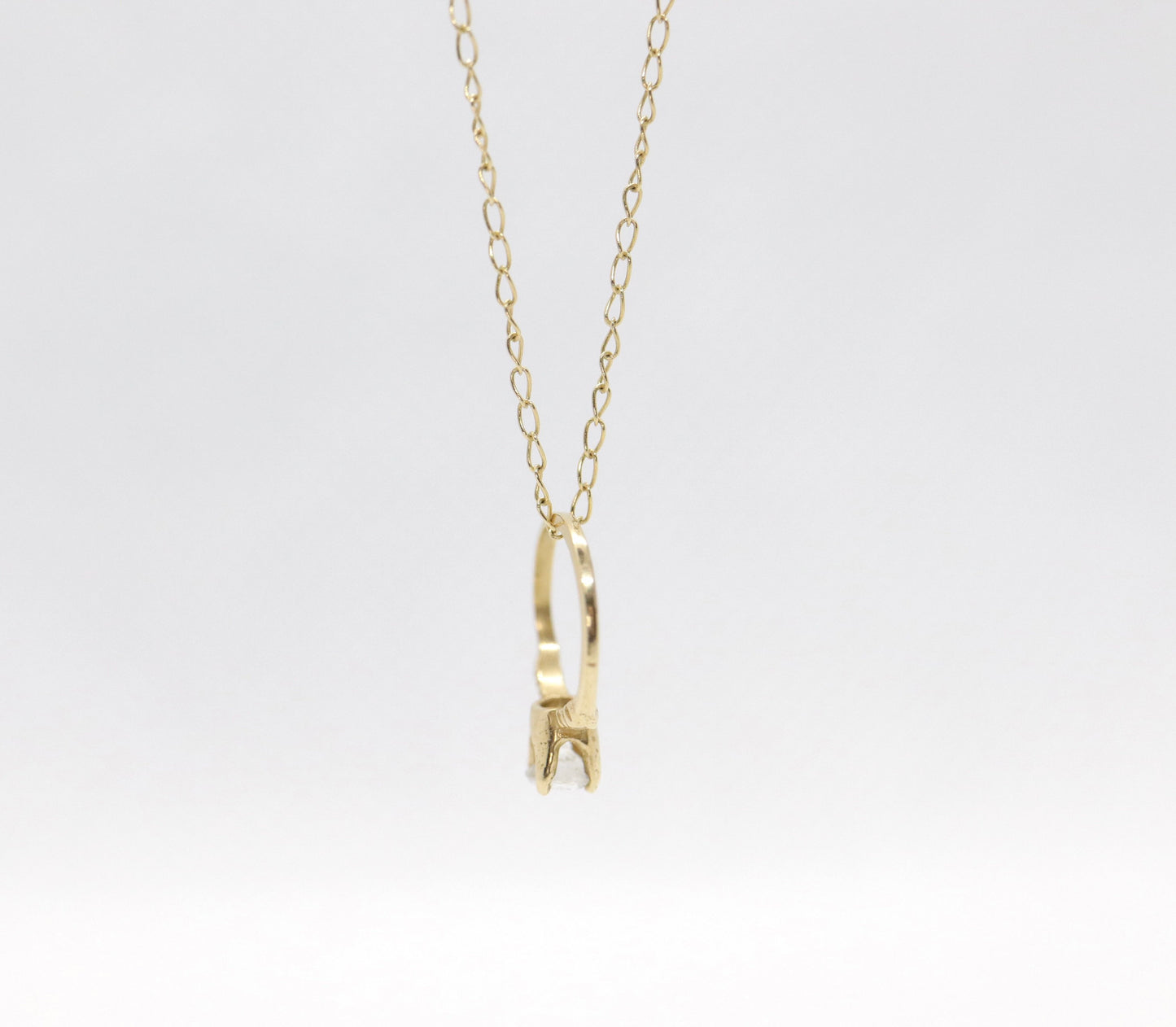 14k Engagement Ring Charm Necklace. Tiny engagement ring CZ Pendant. 18in Rolo Necklace