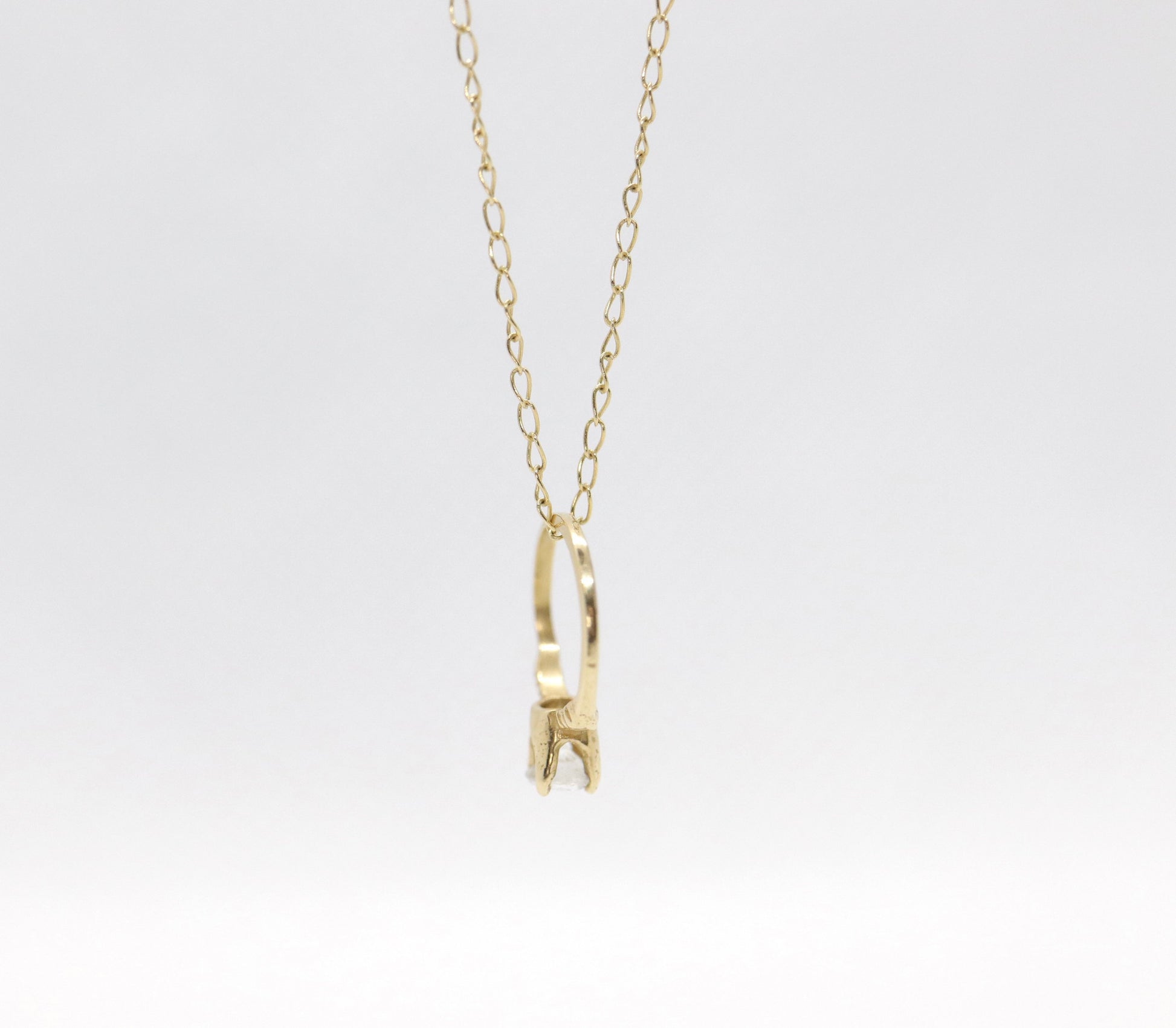 14k Engagement Ring Charm Necklace. Tiny engagement ring CZ Pendant. 18in Rolo Necklace