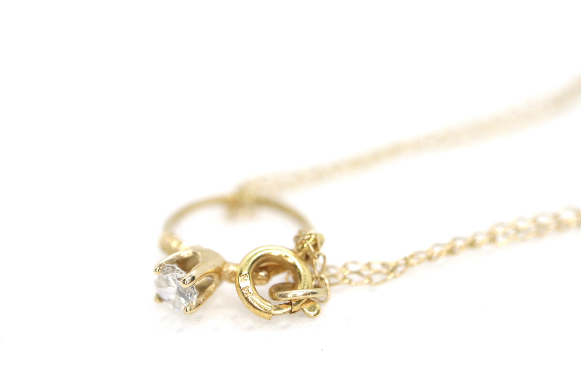 14k Engagement Ring Charm Necklace. Tiny engagement ring CZ Pendant. 18in Rolo Necklace