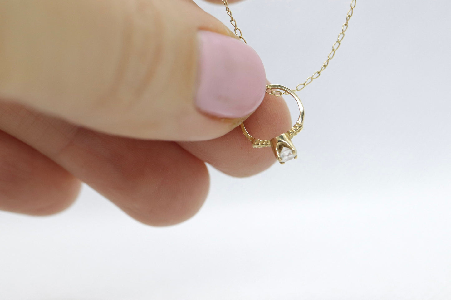 14k Engagement Ring Charm Necklace. Tiny engagement ring CZ Pendant. 18in Rolo Necklace