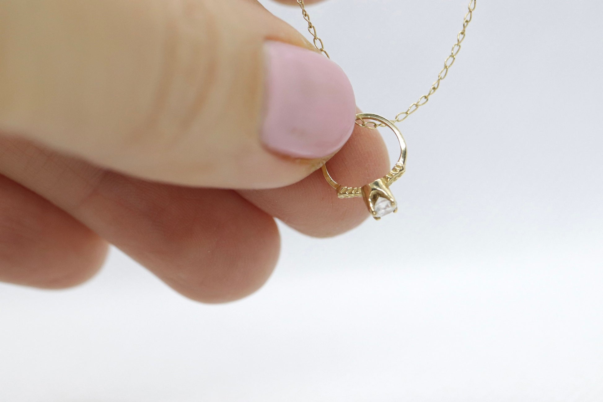 14k Engagement Ring Charm Necklace. Tiny engagement ring CZ Pendant. 18in Rolo Necklace