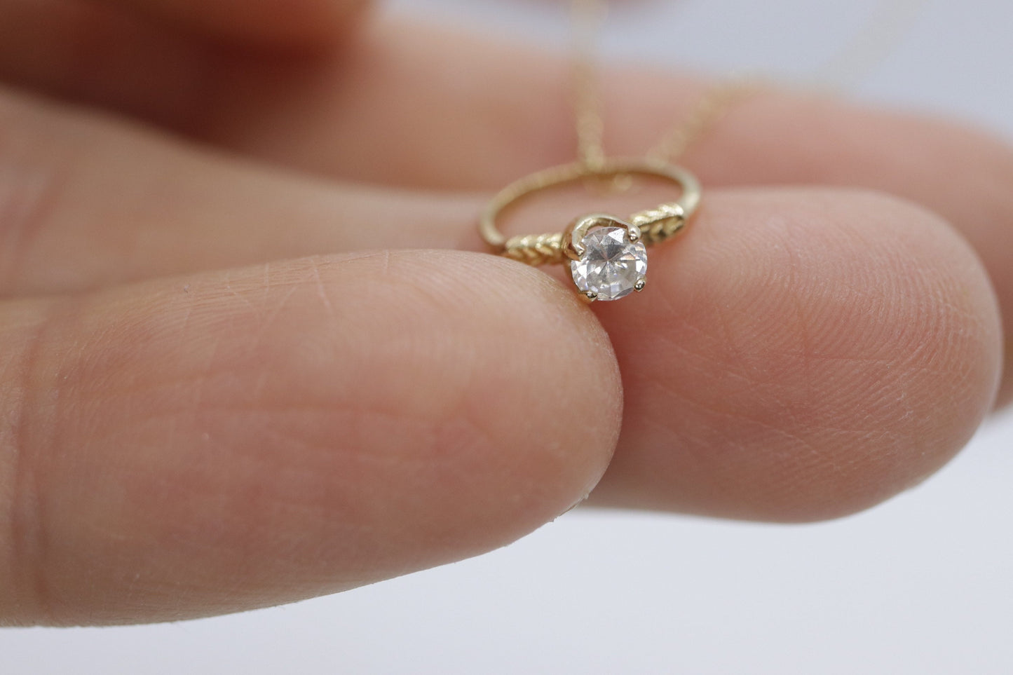 14k Engagement Ring Charm Necklace. Tiny engagement ring CZ Pendant. 18in Rolo Necklace