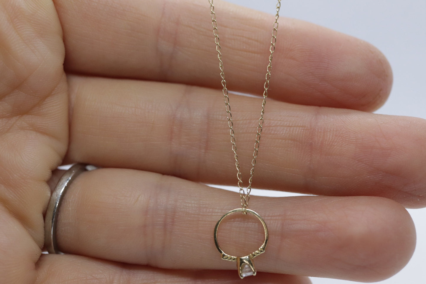 14k Engagement Ring Charm Necklace. Tiny engagement ring CZ Pendant. 18in Rolo Necklace