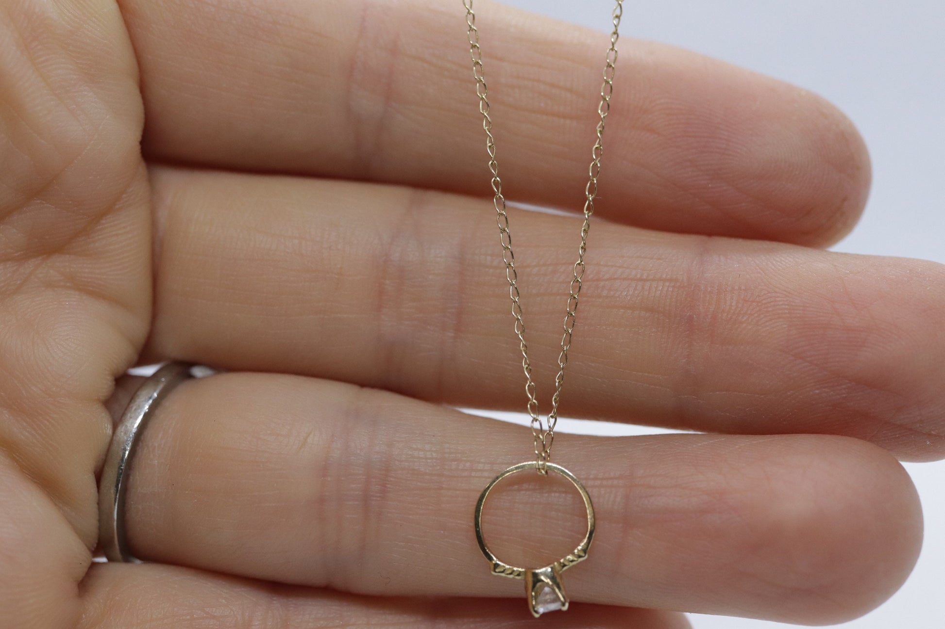 14k Engagement Ring Charm Necklace. Tiny engagement ring CZ Pendant. 18in Rolo Necklace